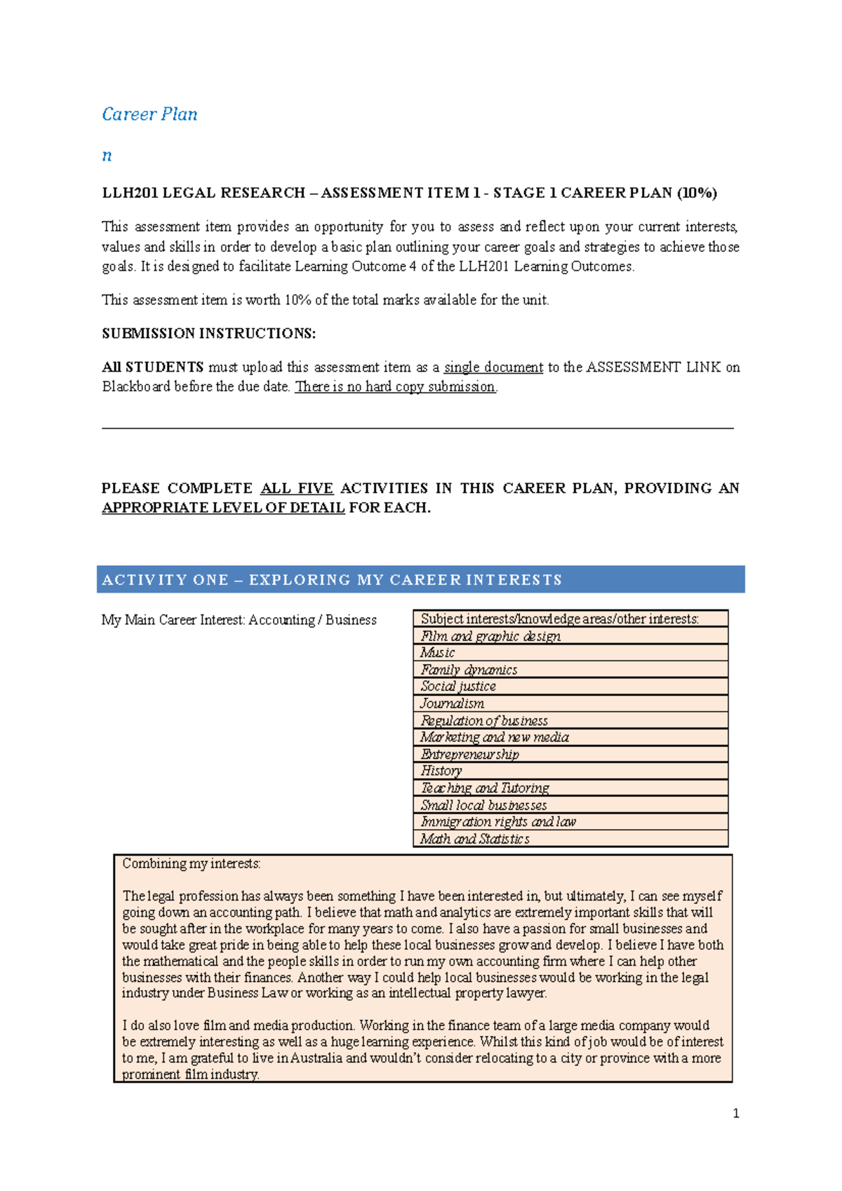 Career Plan Task - Career Plan n LLH201 LEGAL RESEARCH – ASSESSMENT ...