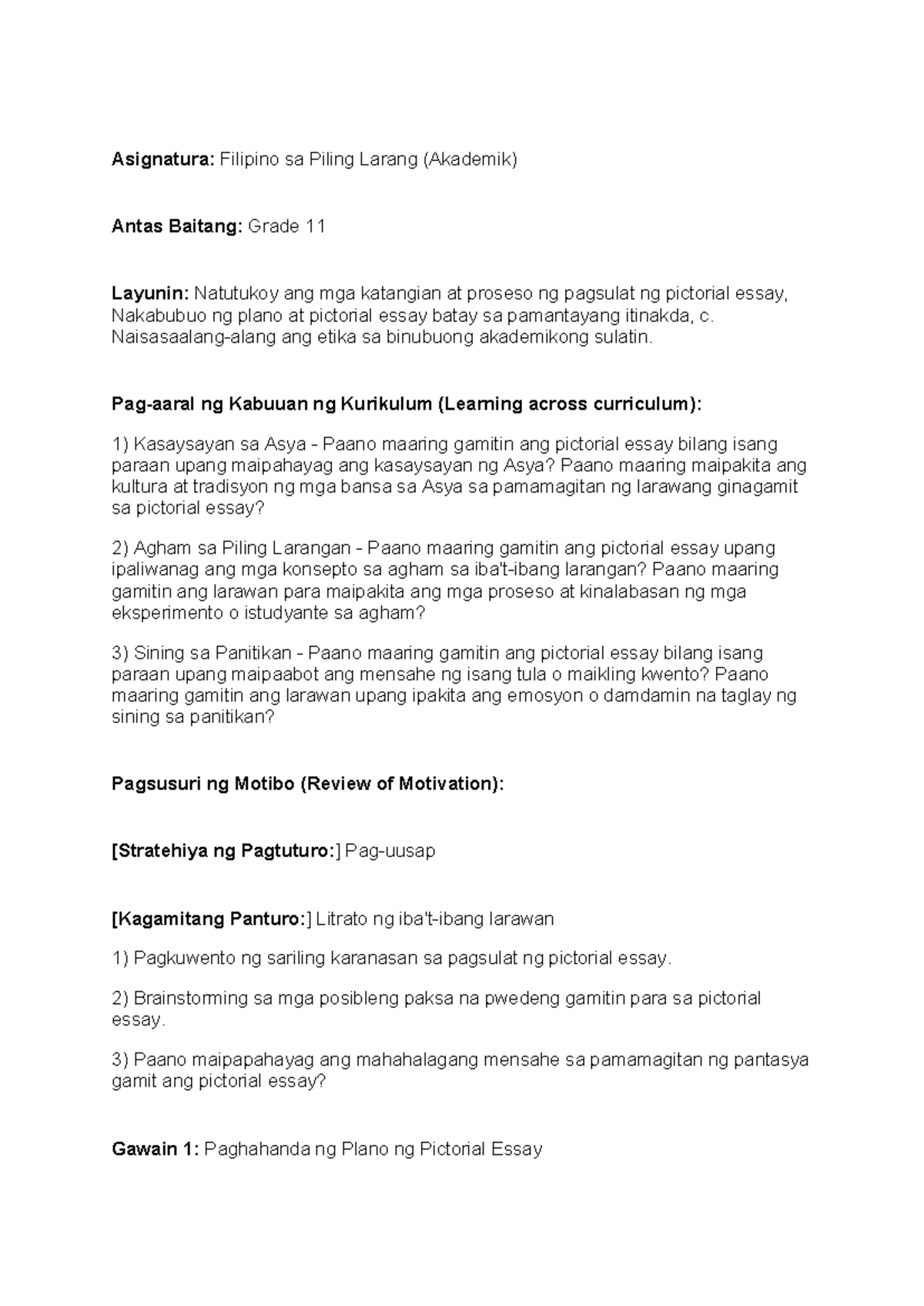 Lesson plan - filipino sa piling larang - akademik - Asignatura ...