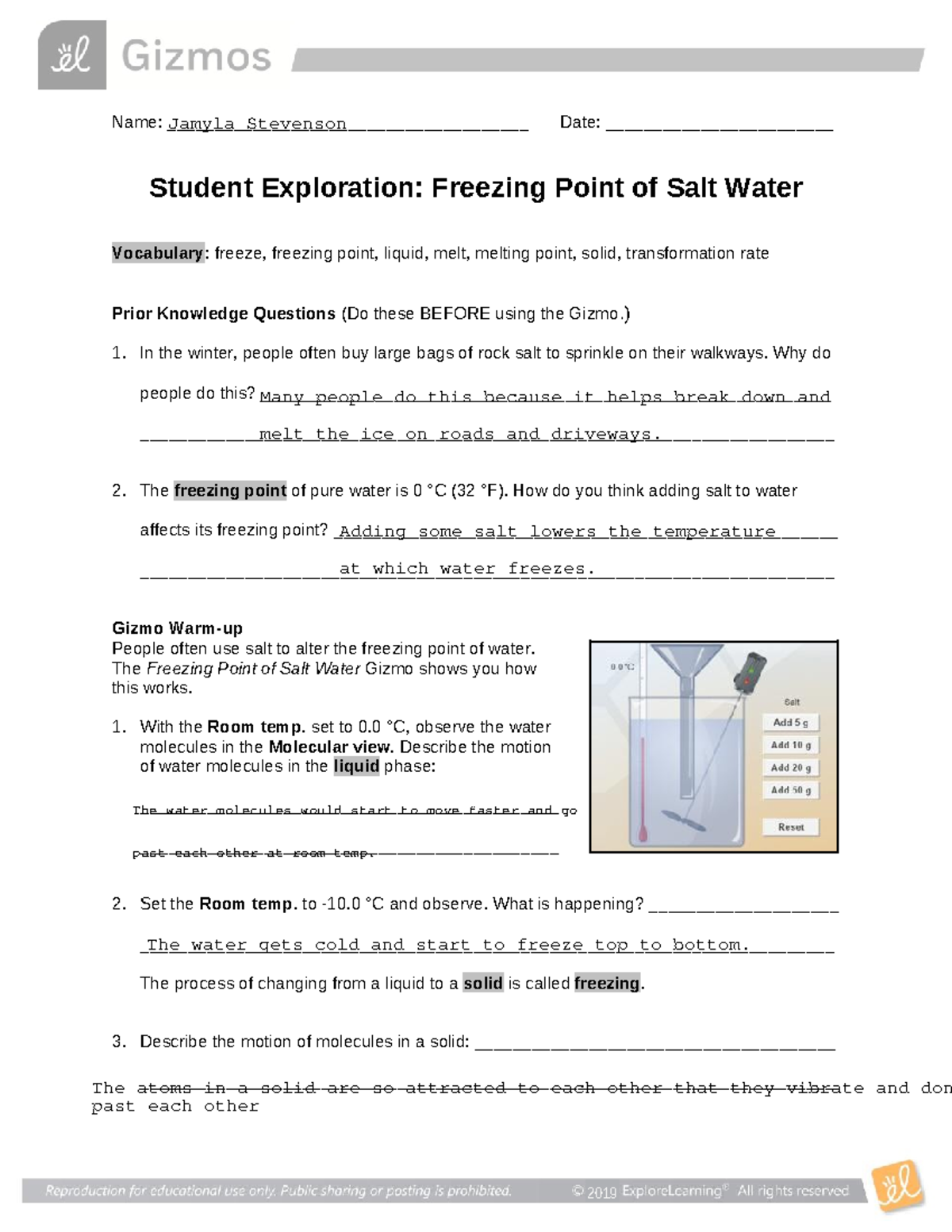 Freezing Salt Water SE This is have of the work sheet. I need the