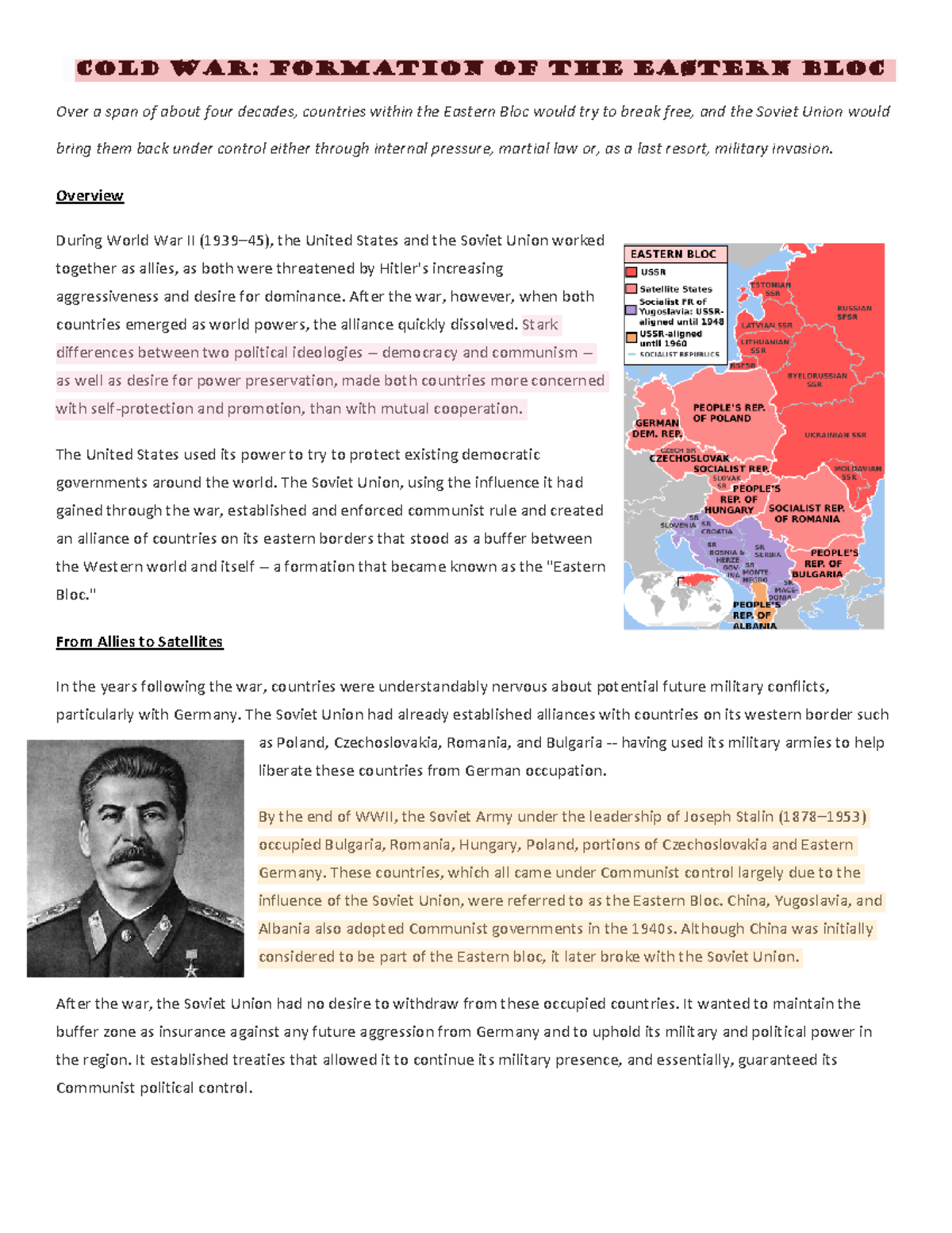 Mapping the Cold War (docs) - Cold War: Formation of the Eastern Bloc ...