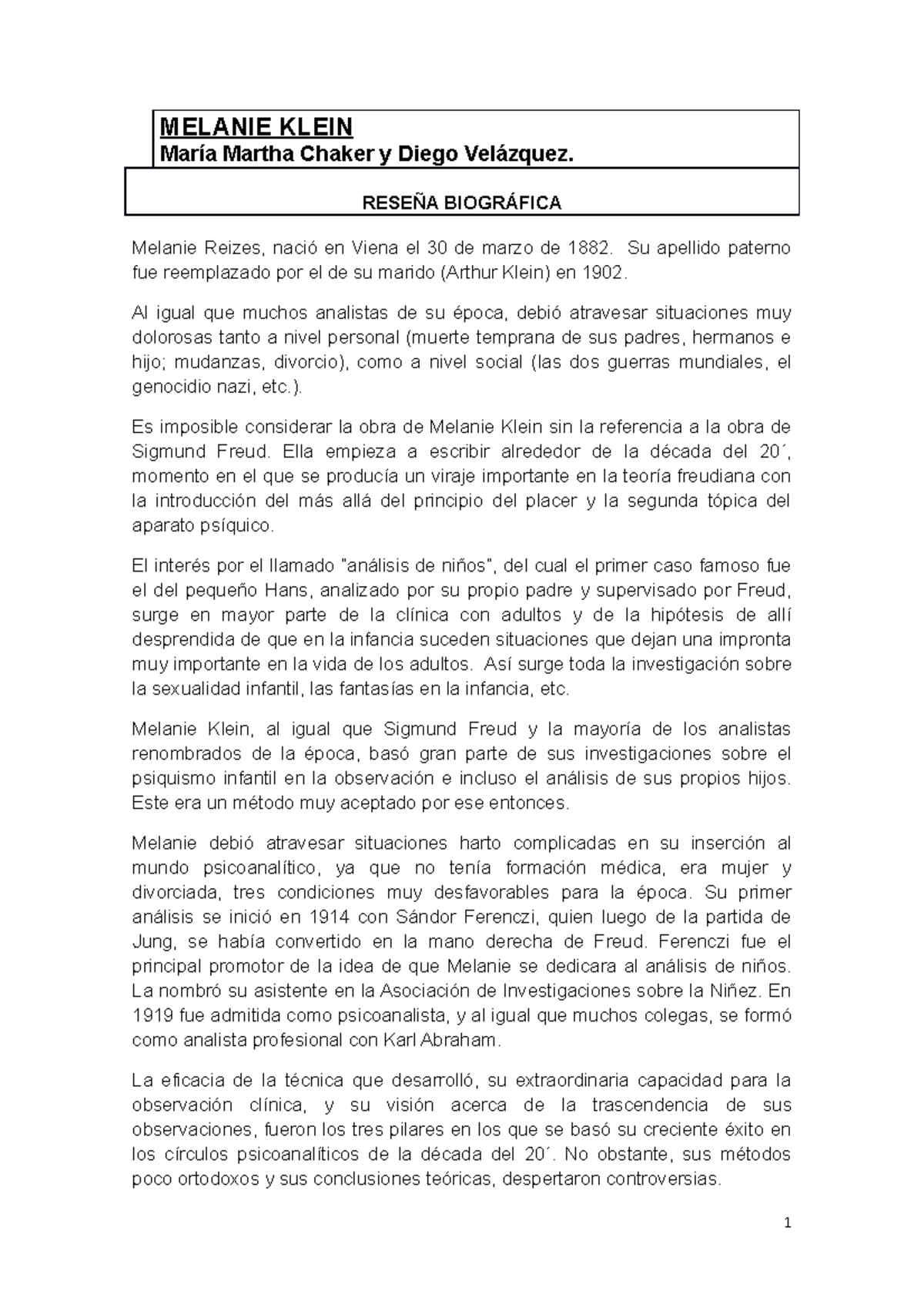 Capítulo Melanie Klein - MELANIE KLEIN María Martha Chaker y Diego ...