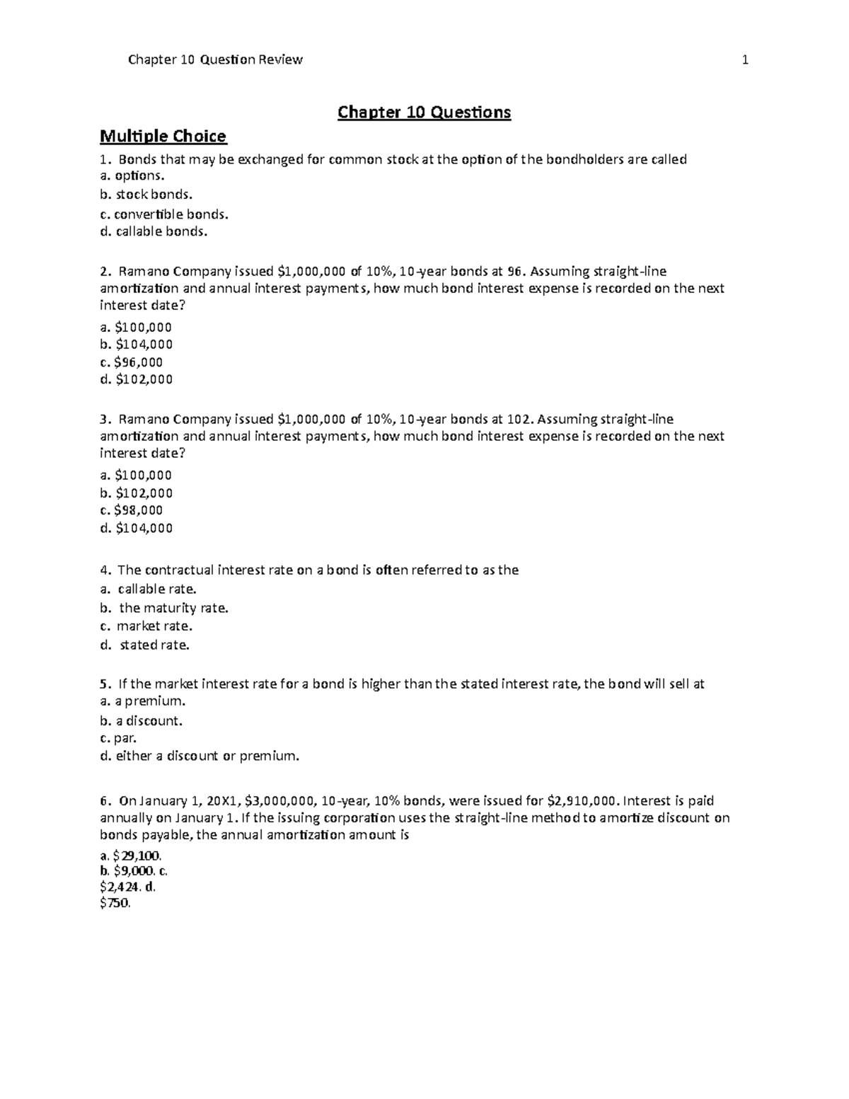 Chapter 10 Questions These are practice materials for Intro. to