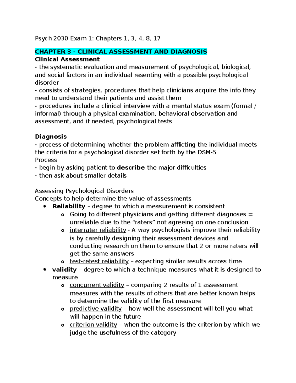 Psych 2030 Chapter 3 Textbook Notes - CLINICAL ASSESSMENT AND DIAGNOSIS ...