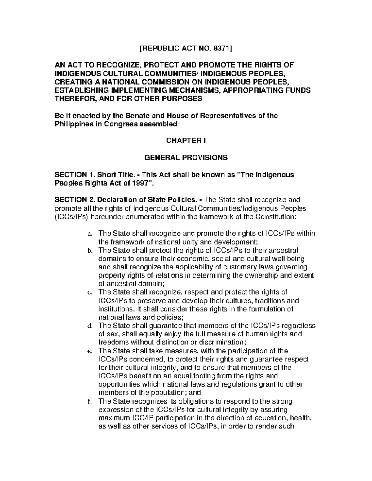 RA 8371 - RA 8371 notes - [REPUBLIC ACT NO. 8371] AN ACT TO RECOGNIZE ...