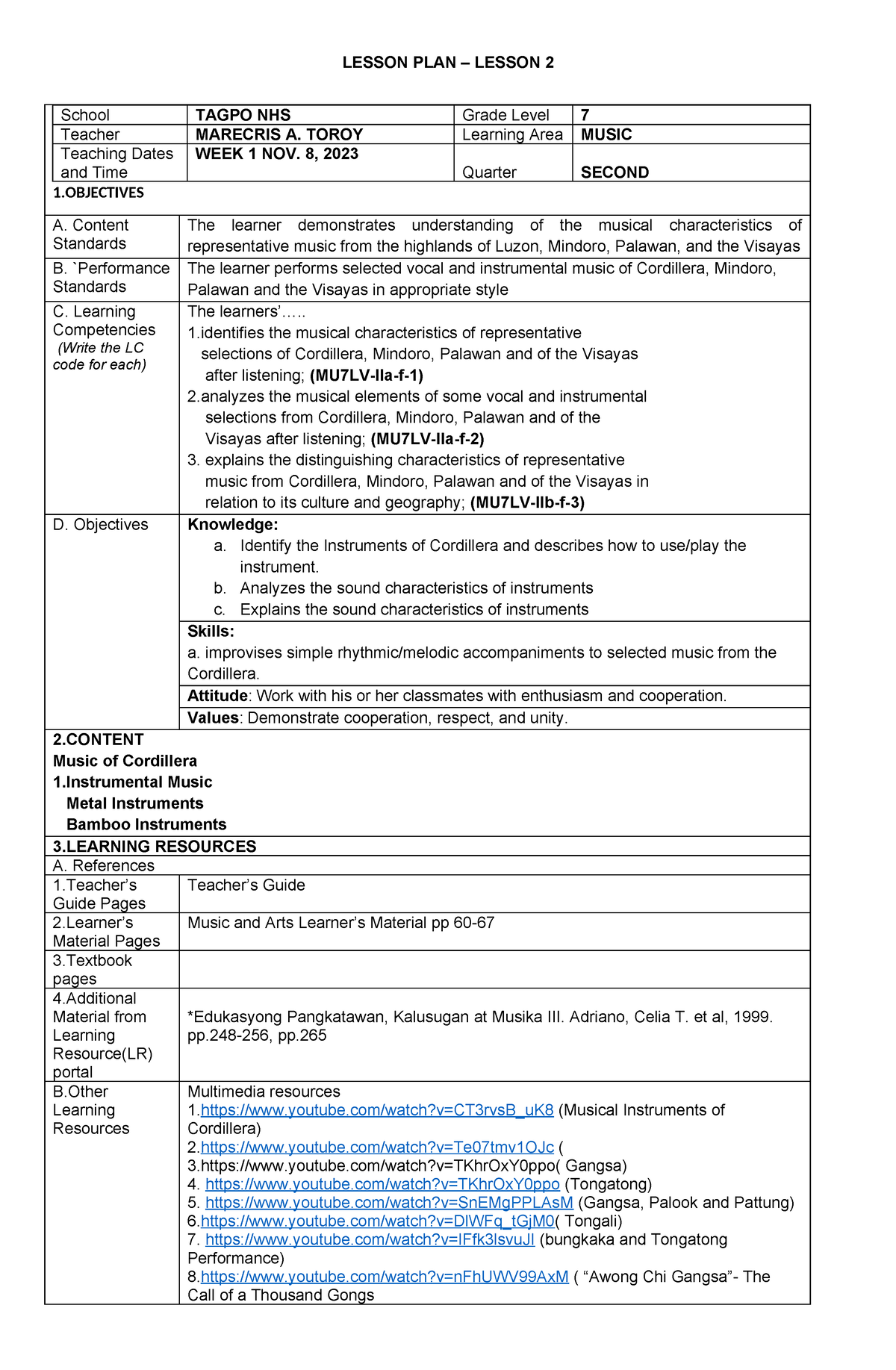 DLP 2 Music 7 2nd Quarter - LESSON PLAN – LESSON 2 School TAGPO NHS ...