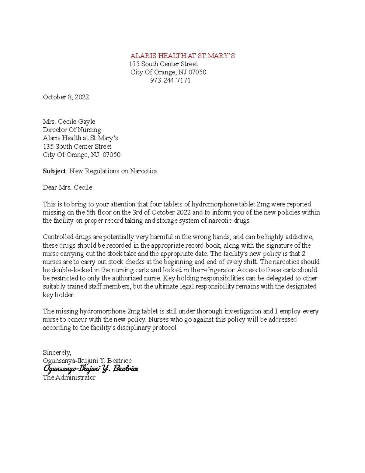 Business letter - assignment - ALARIS HEALTH AT ST’S 135 South Center ...