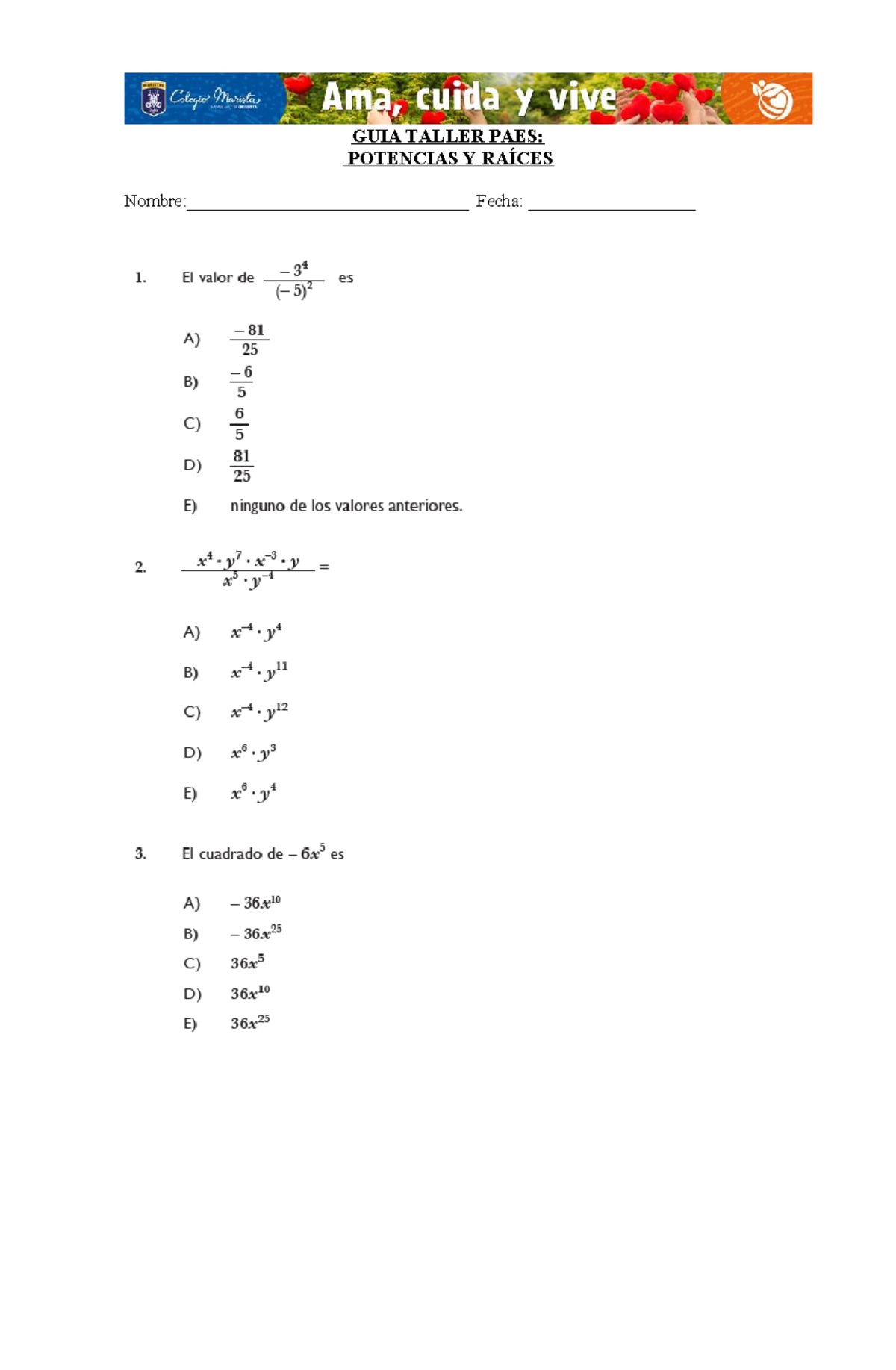 Guia Ptu Potencias Y Raices Estadística I Guia Taller Paes