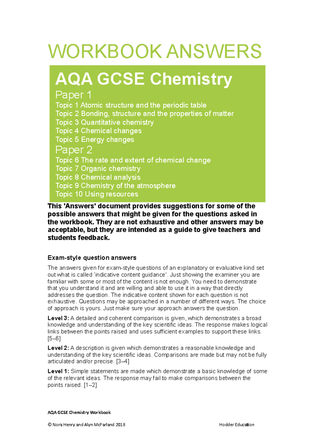 Chem AQA GCSE workbook WORKBOOK ANSWERS AQA GCSE Chemistry Paper 1