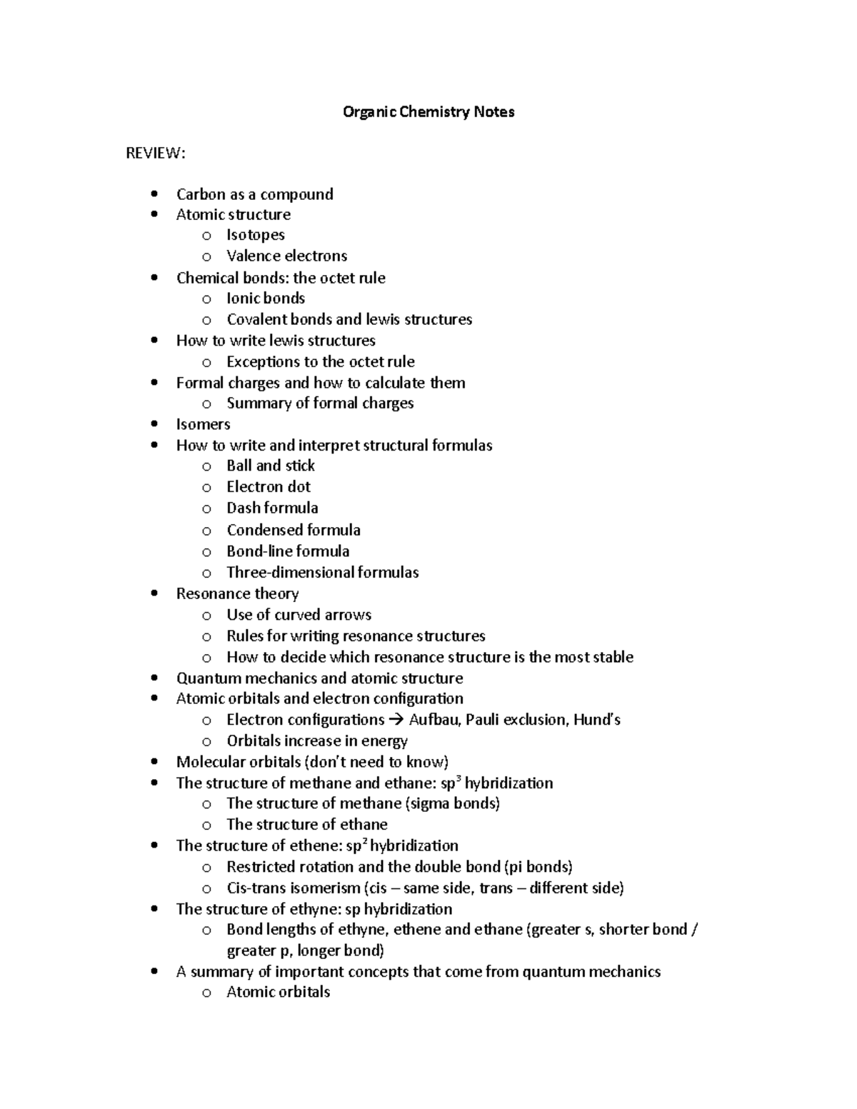 Organic Chemistry Notes - Organic Chemistry Notes REVIEW: Carbon as a ...