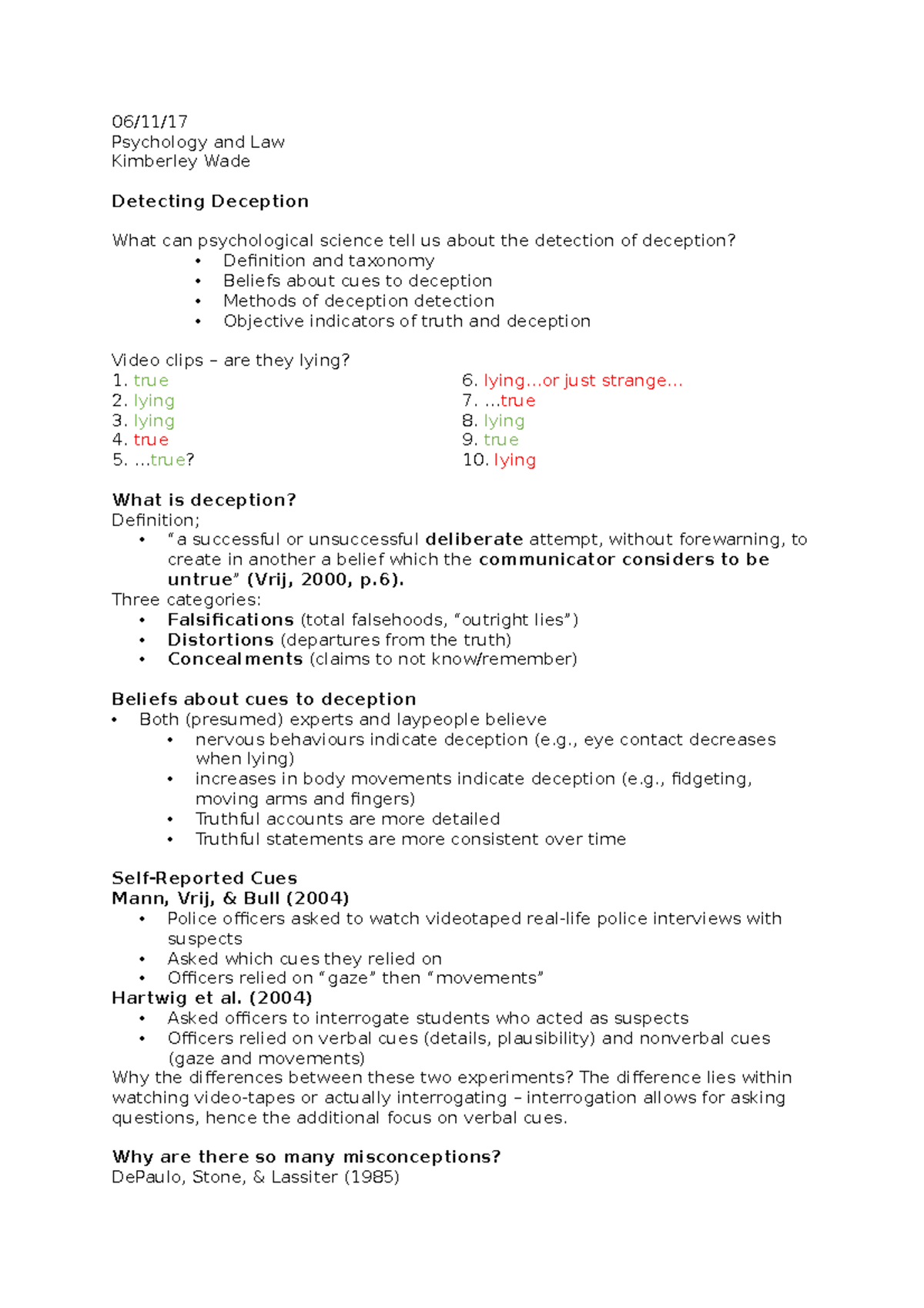Week 6 lecture 1 notes - 06/11/ Psychology and Law Kimberley Wade ...
