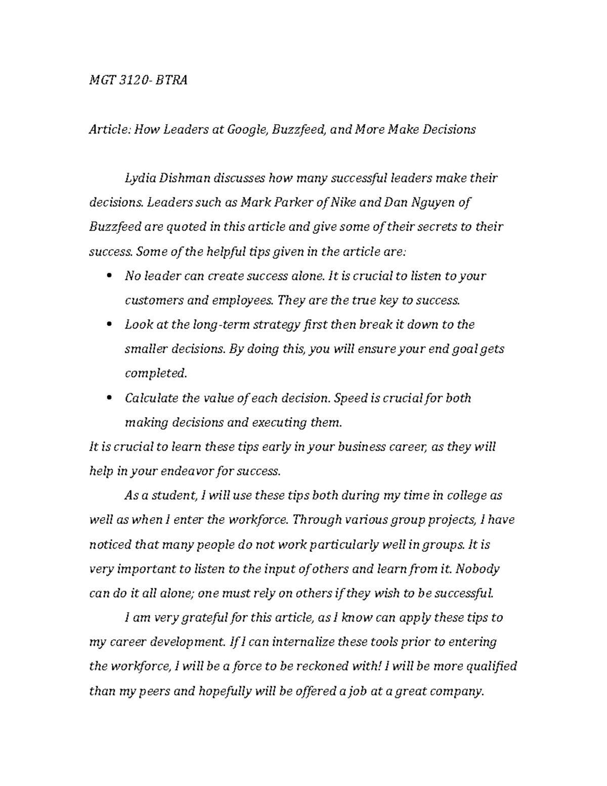 MGT 3120 article assignment 1 - MGT 3120- BTRA Article: How Leaders at ...