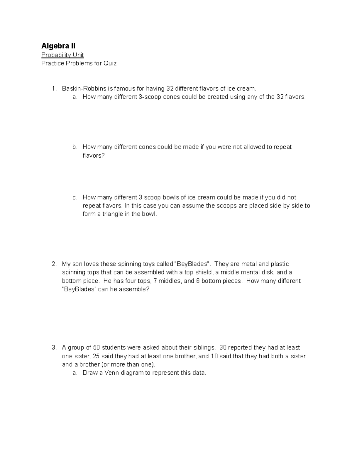 Practice for Chap 12 Quiz - Algebra II Probability Unit Practice ...