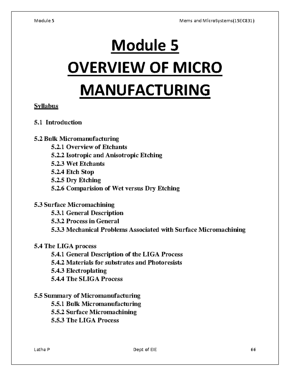 Pdfcoffee - Notes of mems - Module 5 OVERVIEW OF MICRO MANUFACTURING ...