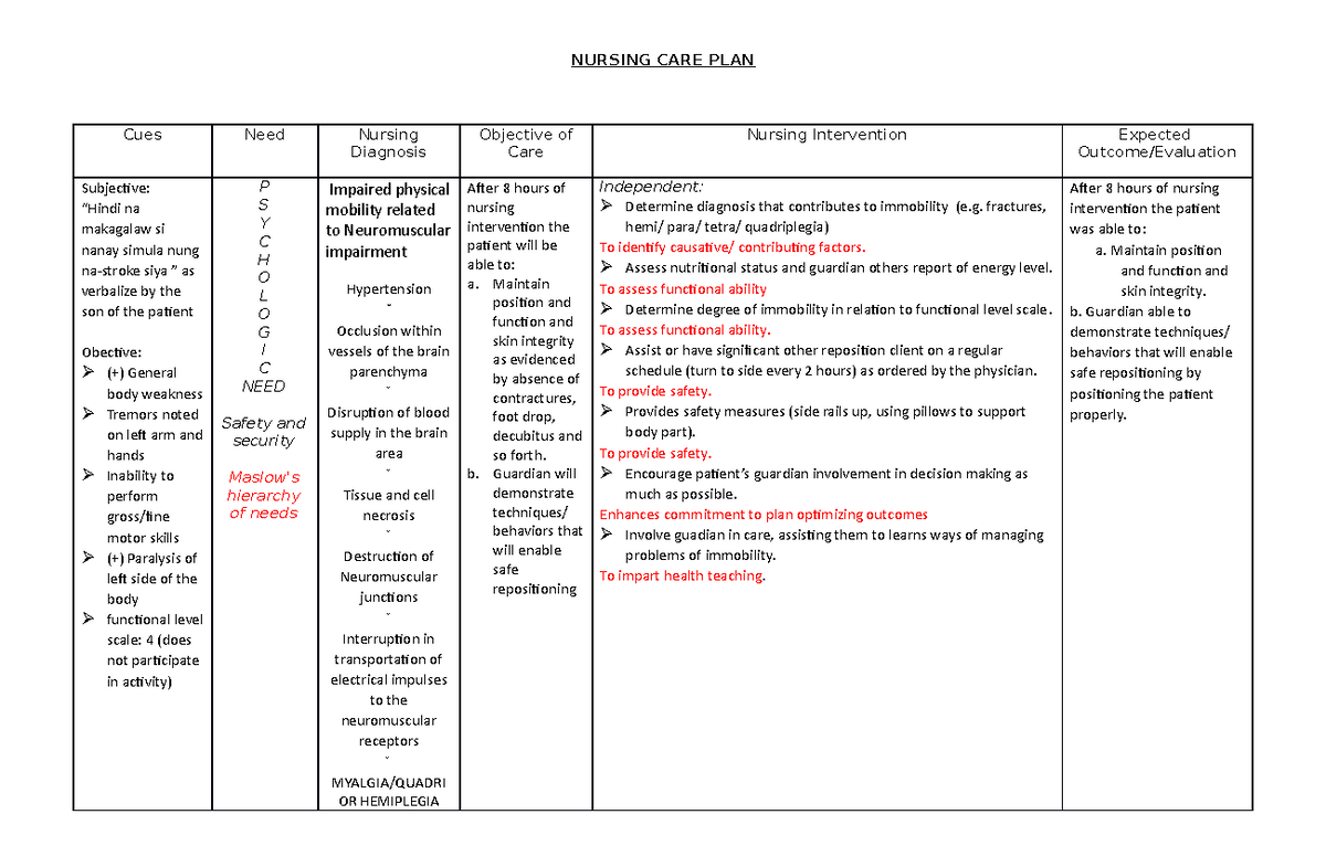 Nursing Care Plan For Stroke NURSING CARE PLAN Cues Need Nursing 