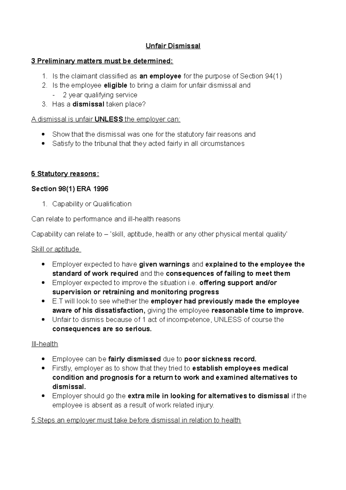Unfair Dismissal Extra Notes - Unfair Dismissal 3 Preliminary matters ...