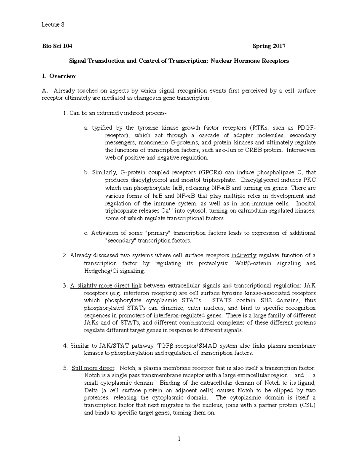 Lecture+8-2017 - Lecture notes 8 - Bio Sci 104 Spring 201 7 Signal ...