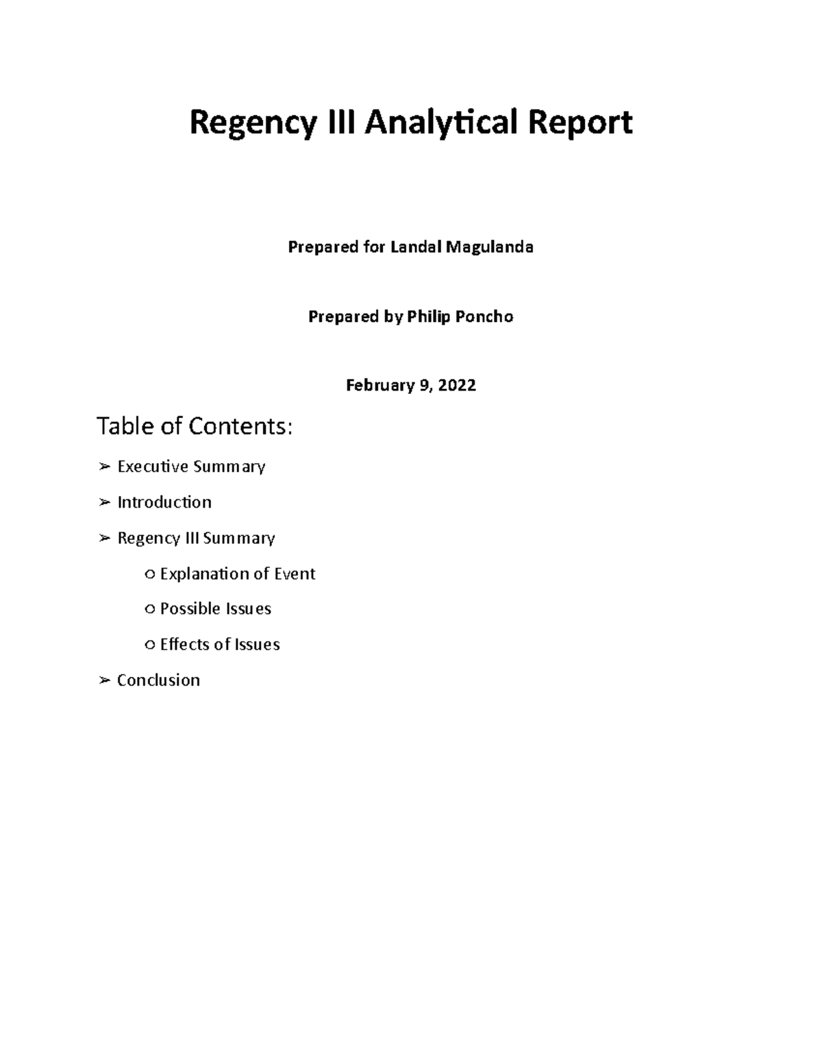 Regency iii analytical report regency iii analytical report prepared