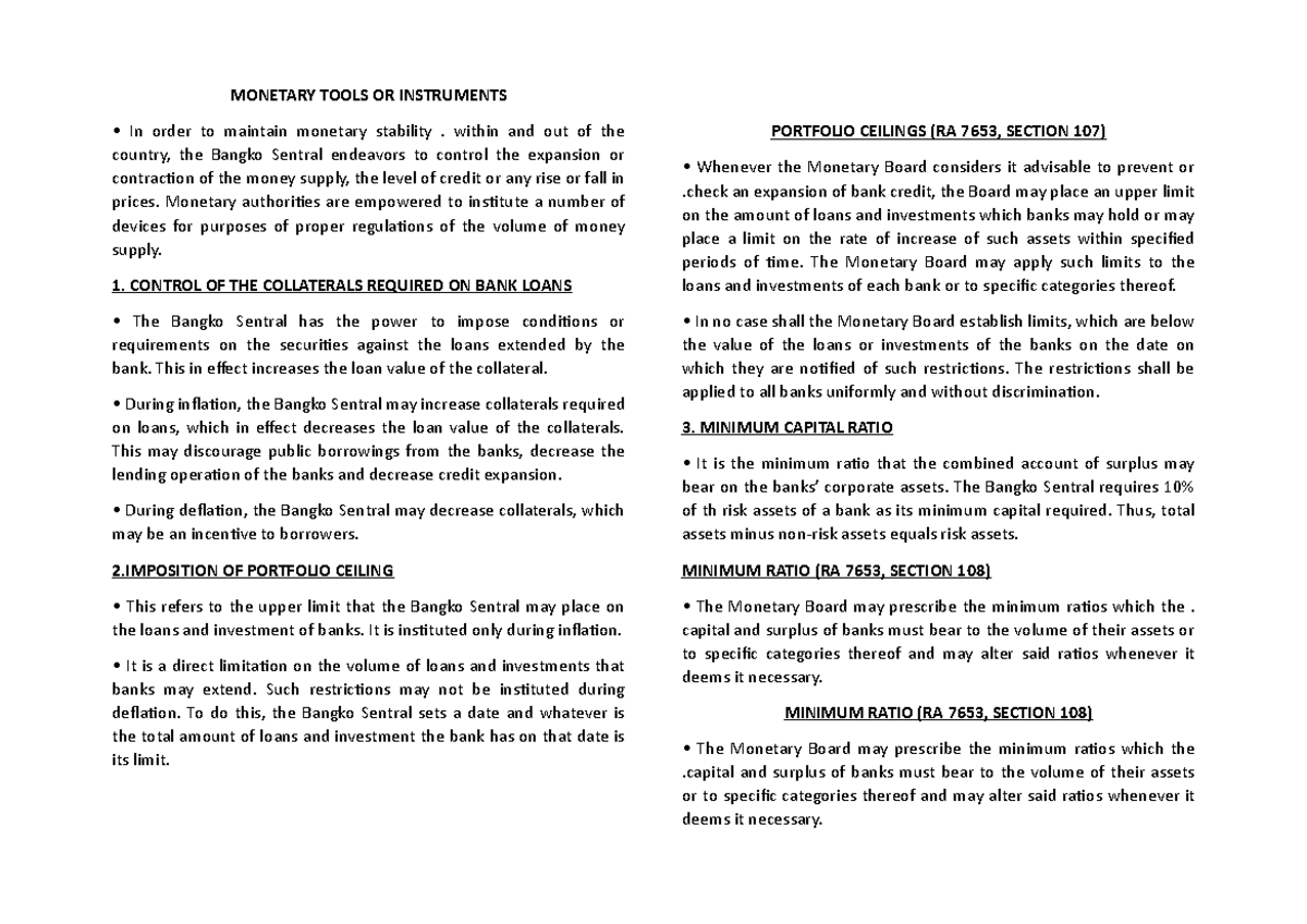 Monetary Tools OR Instruments and Activities - MONETARY TOOLS OR ...