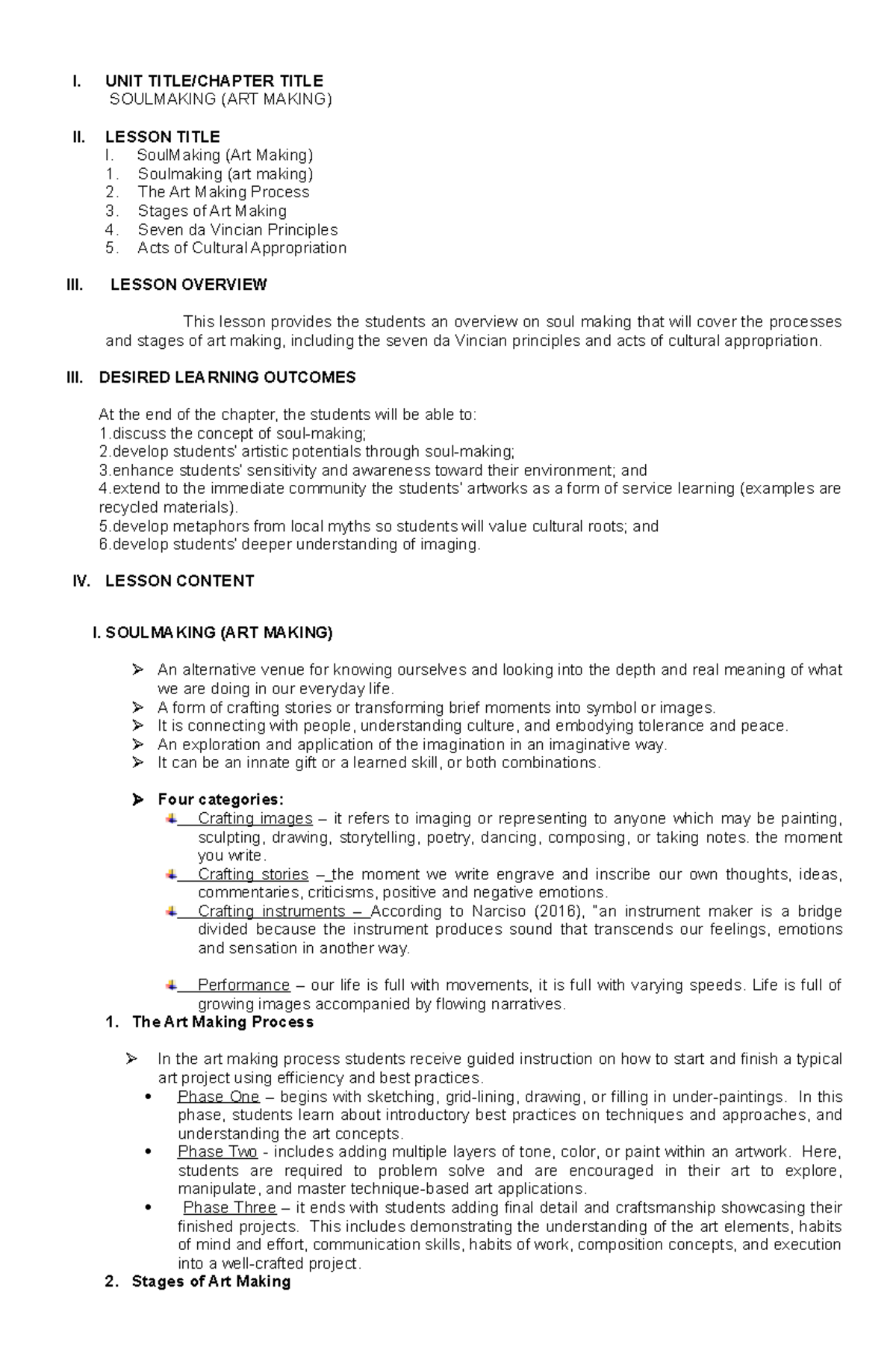 Art m9 - for your reference - I. UNIT TITLE/CHAPTER TITLE SOULMAKING ...