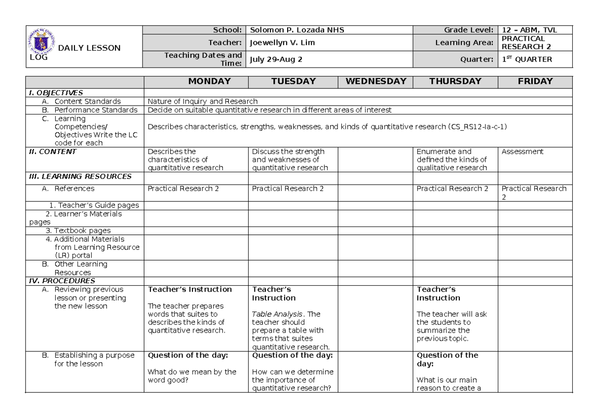 DLL PR2 WEEK 1 - Sample Lesson Plan - DAILY LESSON LOG School: Solomon ...