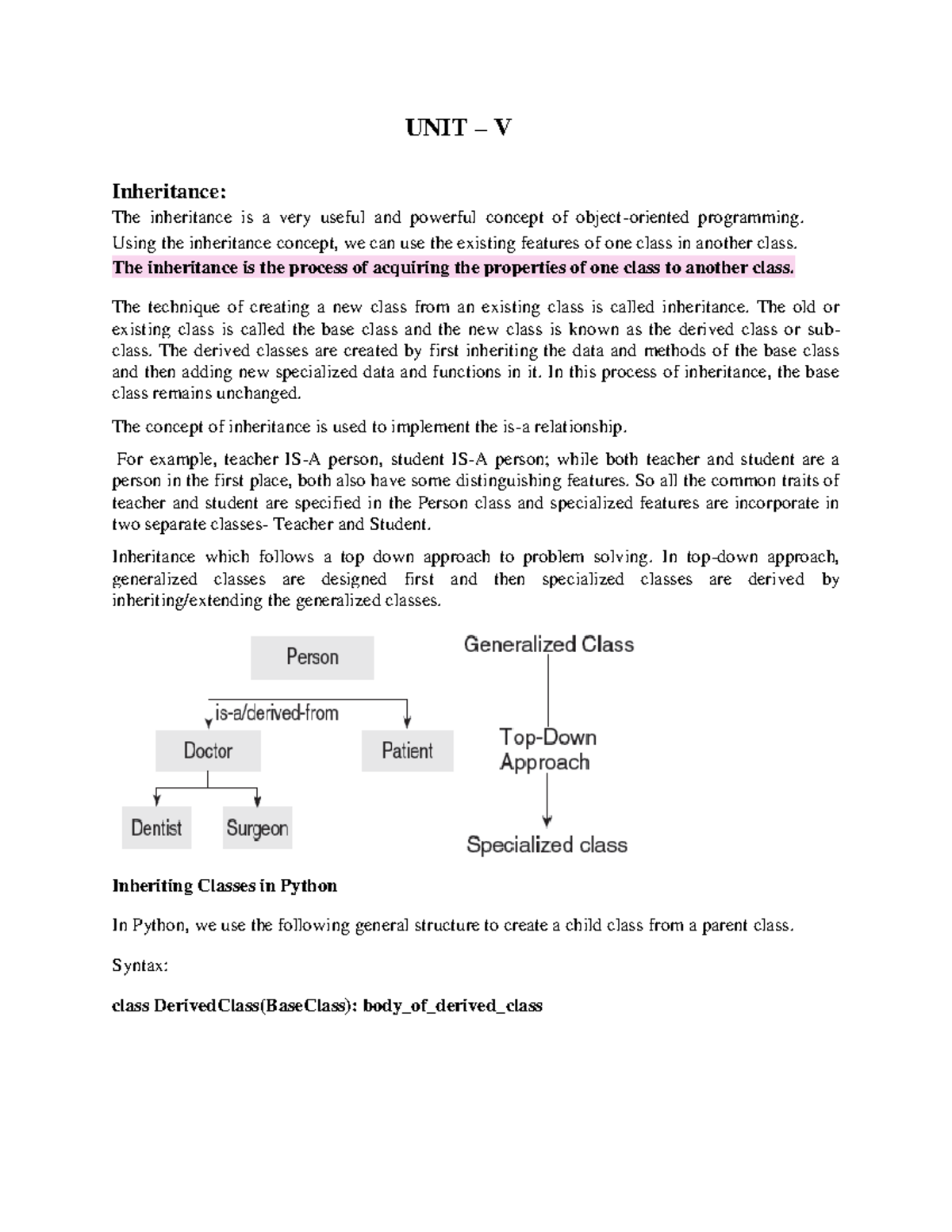 BPP UNIT-5 Notes - python - UNIT – V Inheritance: The inheritance is a ...