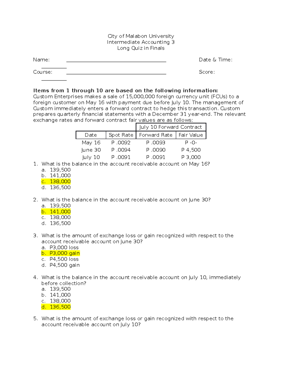Long Quiz in Intermediate Accounting Finals - Accountancy - Studocu