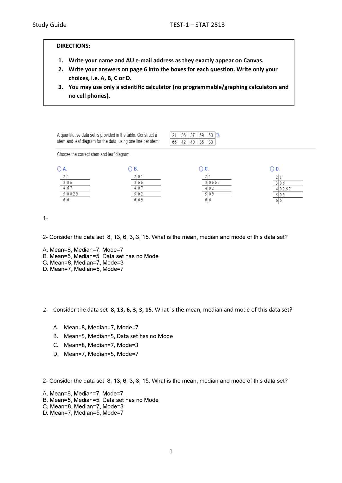 Test-1 -study-guide 1 - Lecture Notes - Study Guide TEST-1 – STAT 251 3 ...