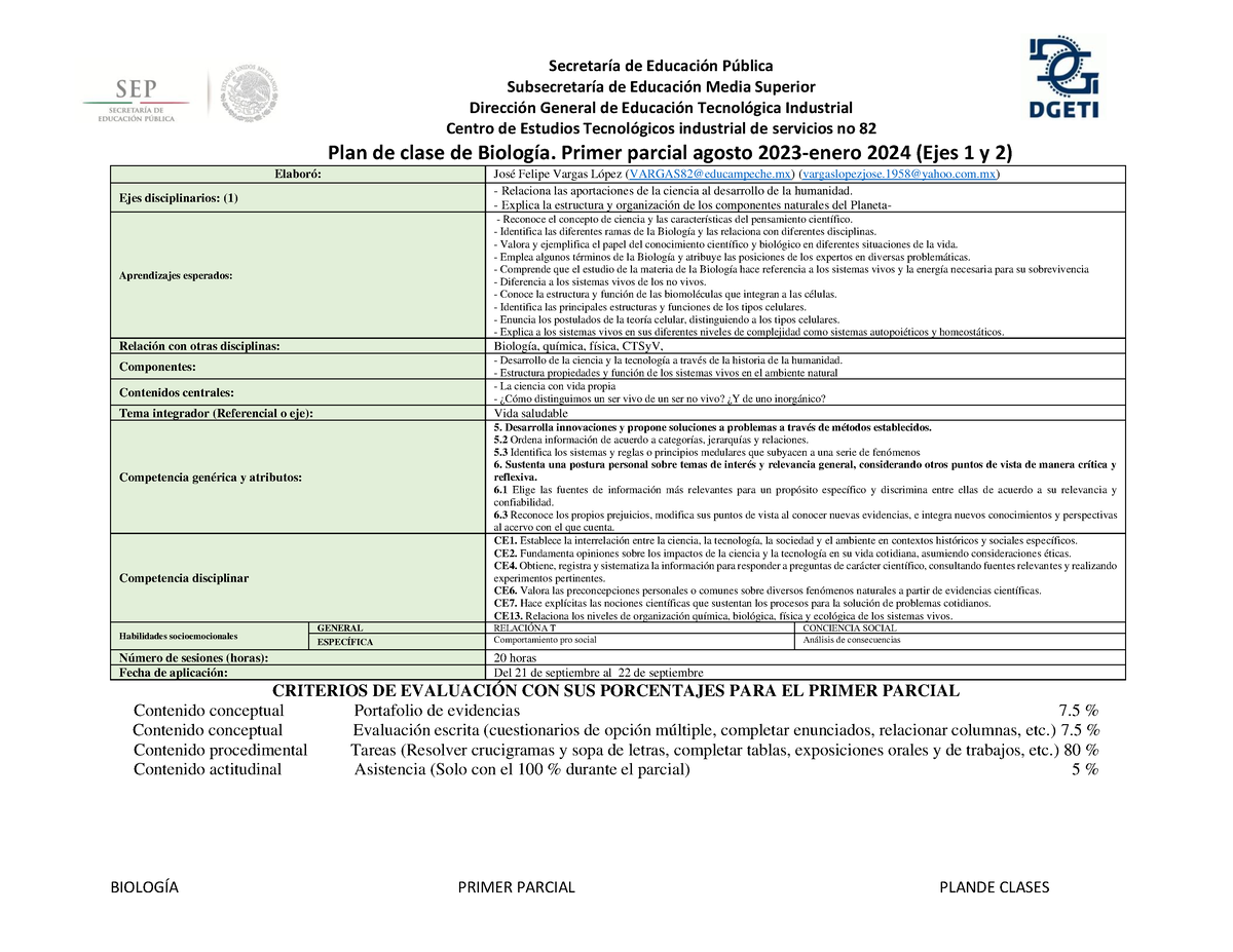 Biología 1er Parcial 2023-2024 Alumno - SecretarÌa De EducaciÛn P ...