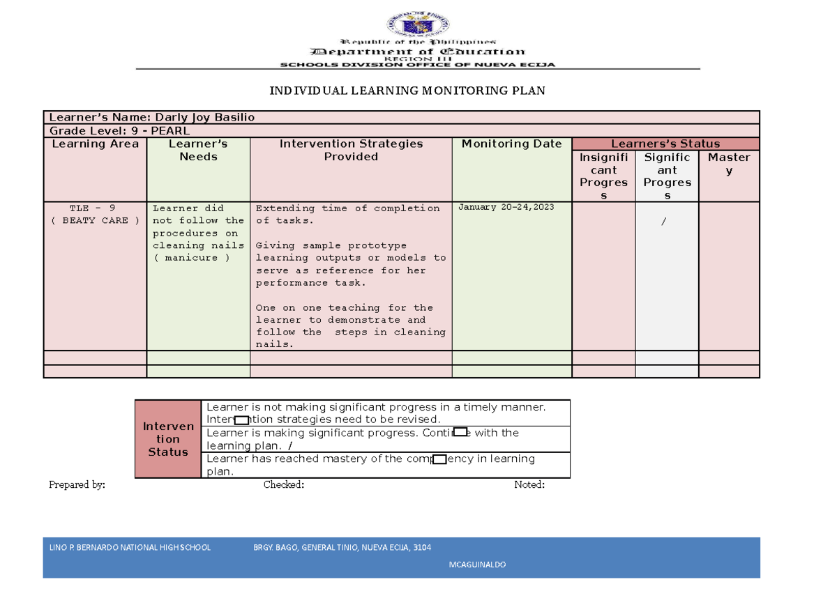 ILMP 2023 INFORMATIVE INDIVIDUAL LEARNING MONITORING PLAN Learner’s