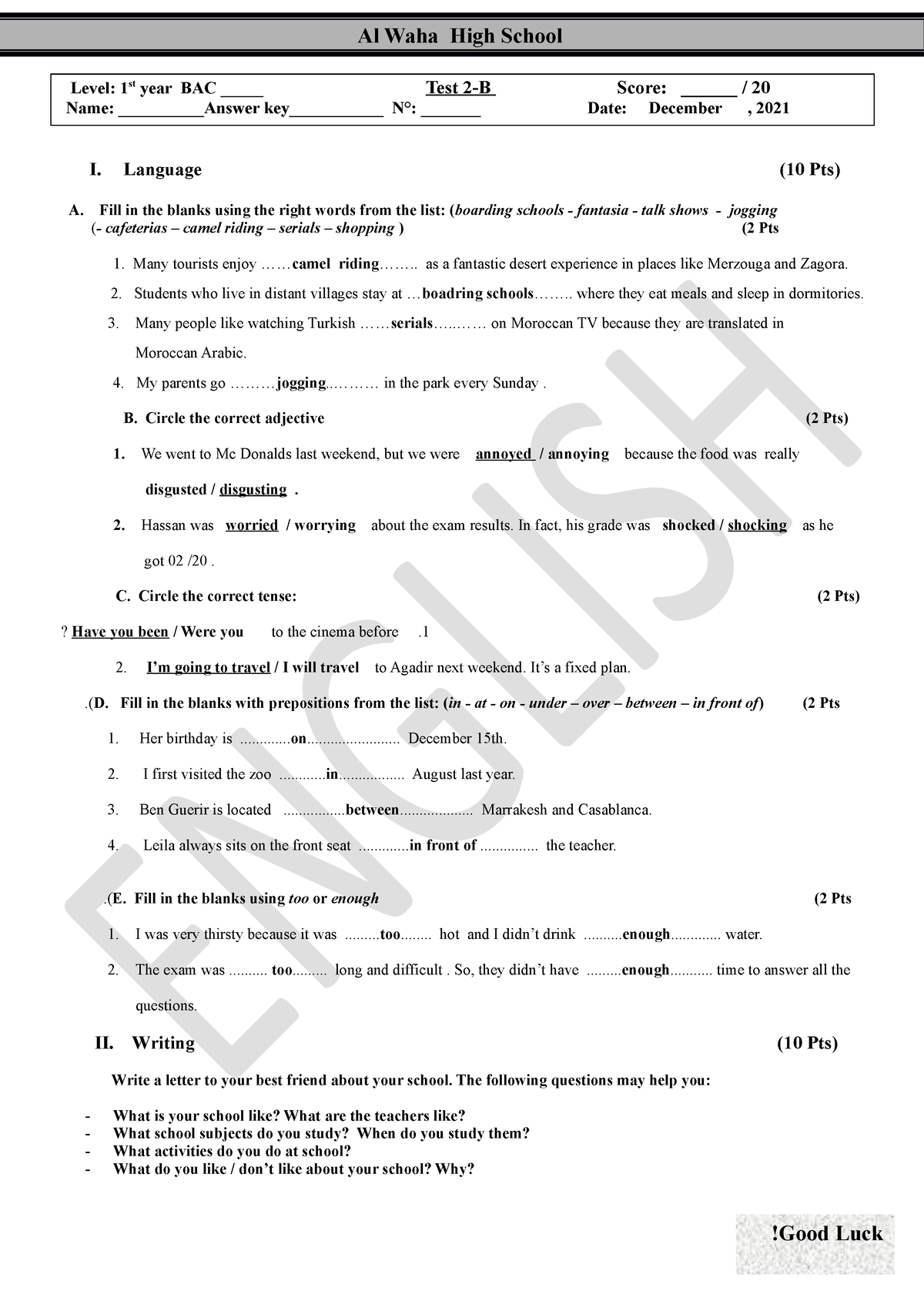 Gateway 1 Term 1 Test 2 B (Answer Key) - Level: 1st Year BAC _____ Test ...