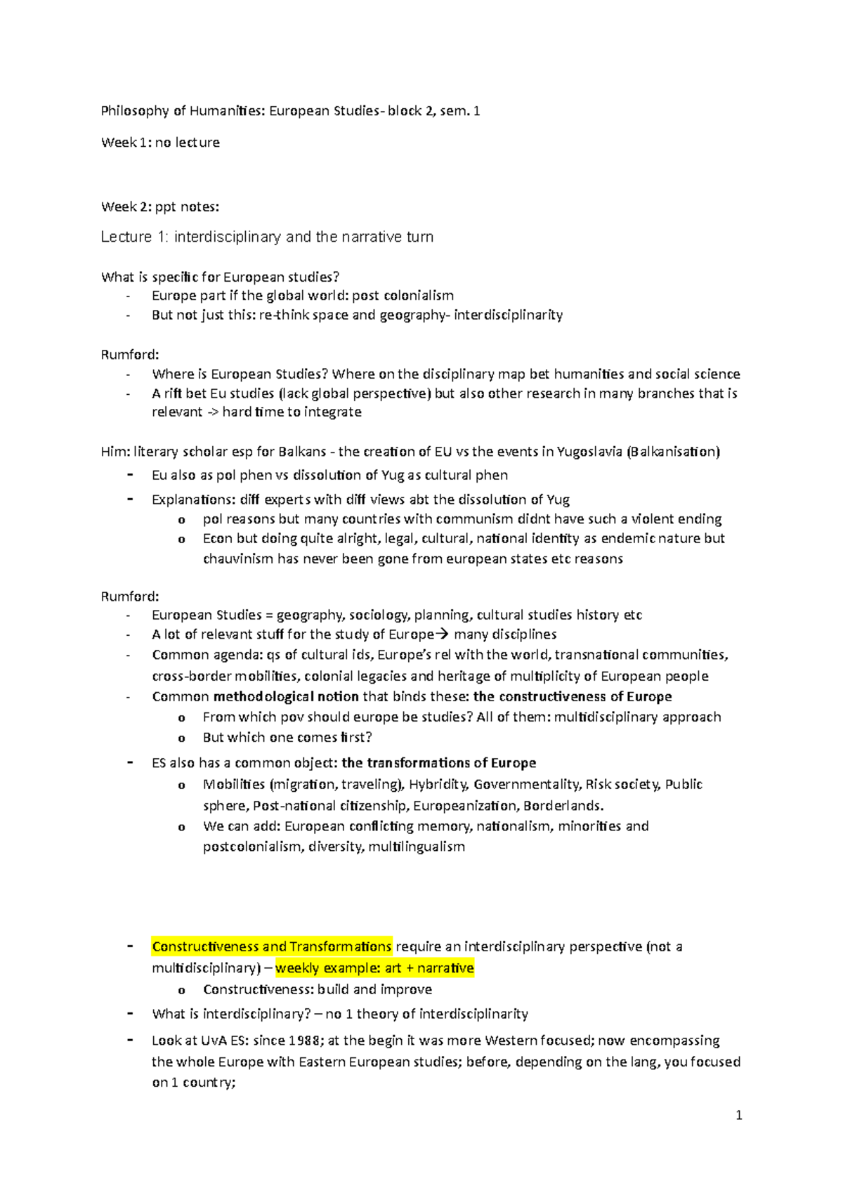 Po H 2 notes Philosophy of Humanities European Studies block 2, sem