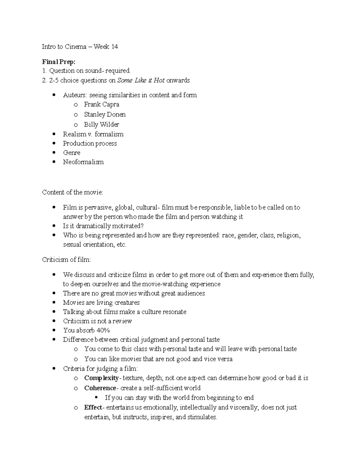 Intro to Cinema Week 14 Lecture notes 14 Intro to Cinema Week 14