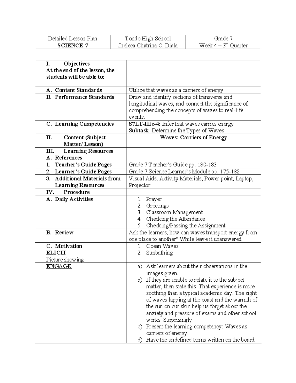 Waves lesson plan - Detailed Lesson Plan Tondo High School Grade 7 ...