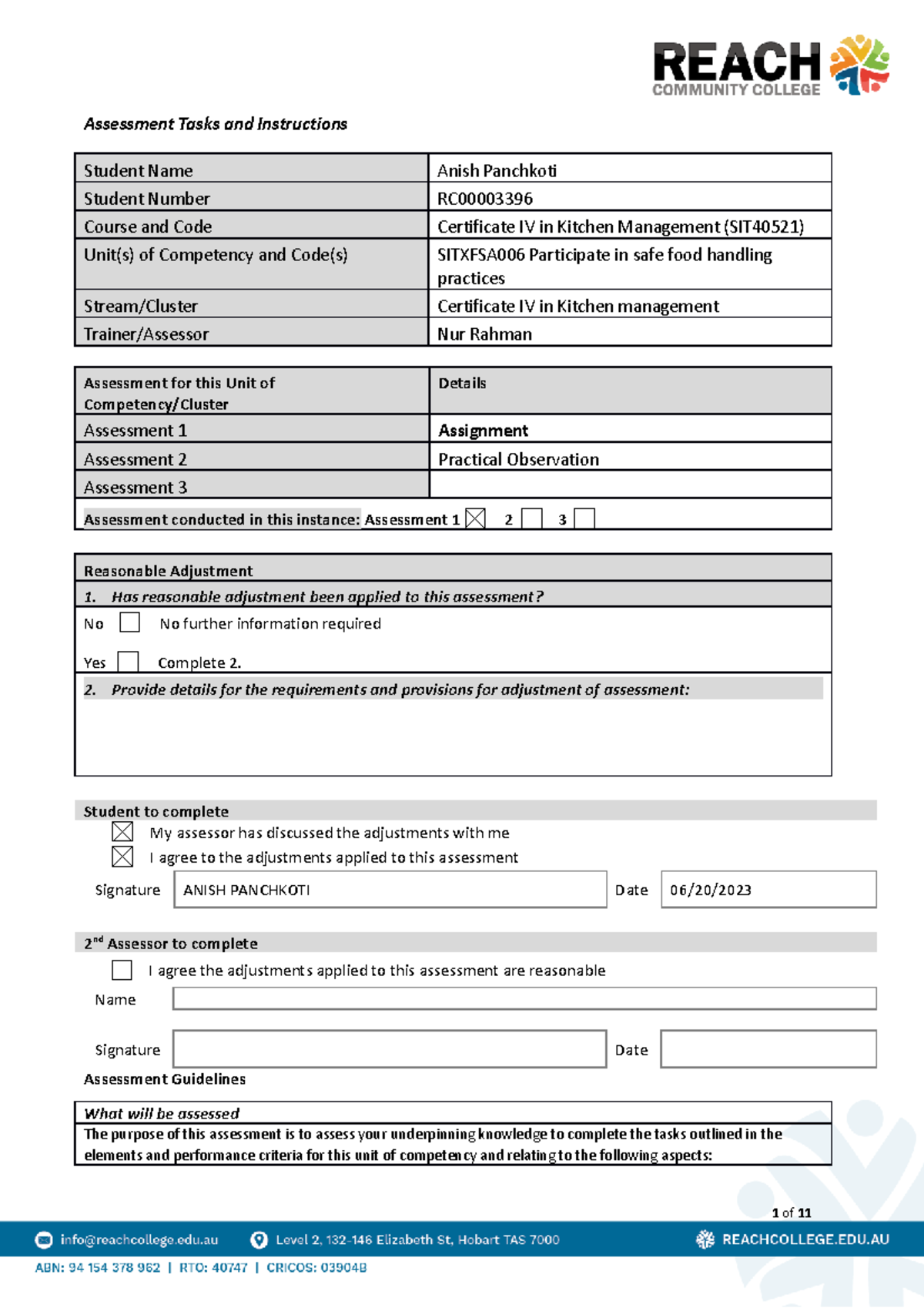 2nd attemp - sitxfsa006 - Assessment Tasks and Instructions Student ...