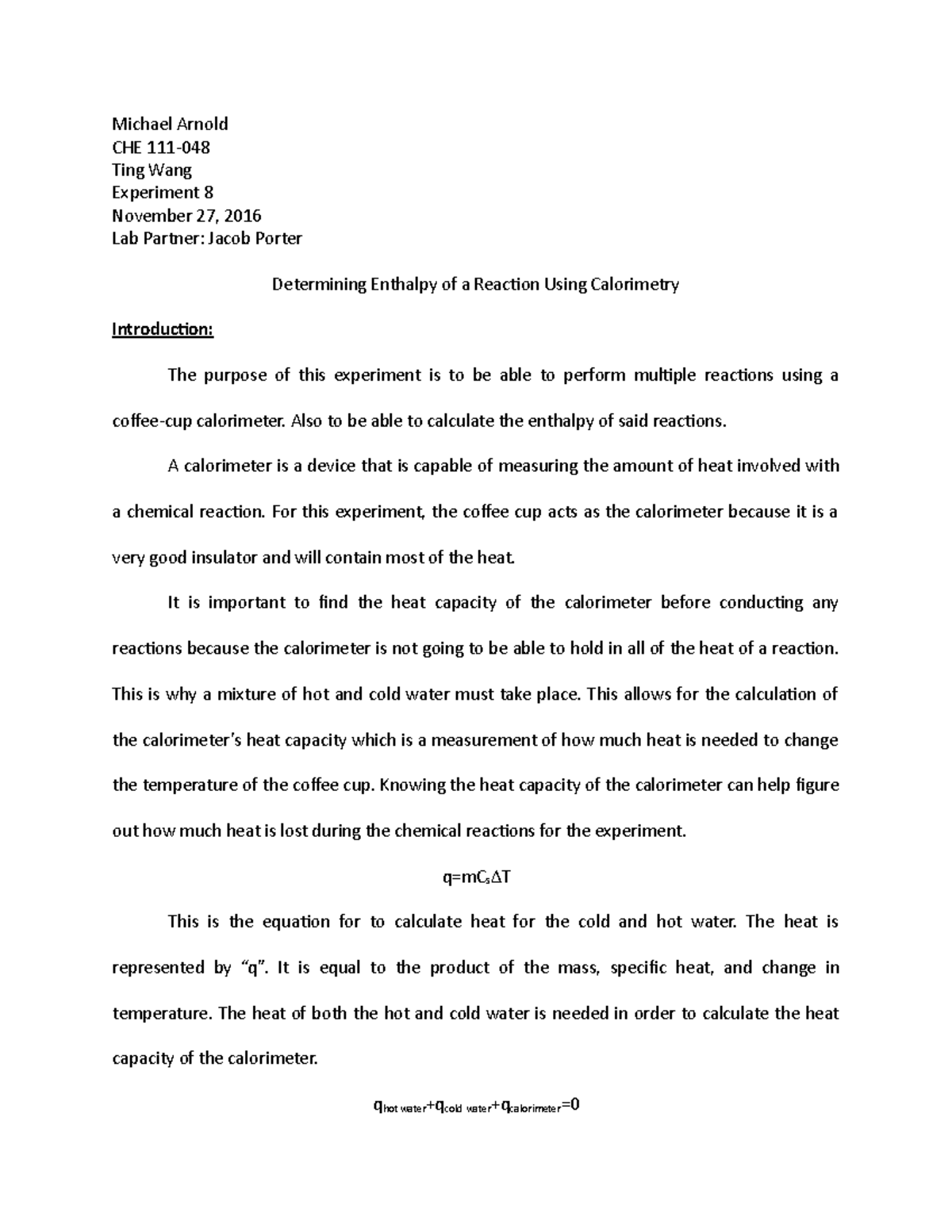 Experiment 8 Lab Report Che111 Michael Arnold Che Ting Wang Experiment Studocu