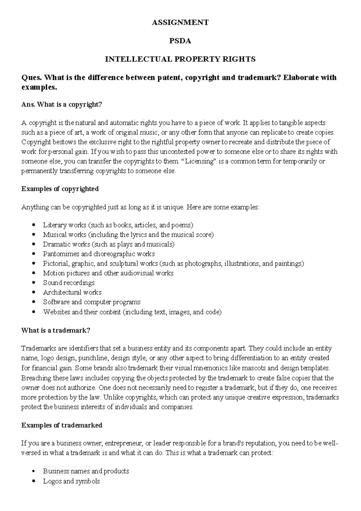 IPR psda asgmt 1 - IPR NOTES - ASSIGNMENT PSDA INTELLECTUAL PROPERTY ...