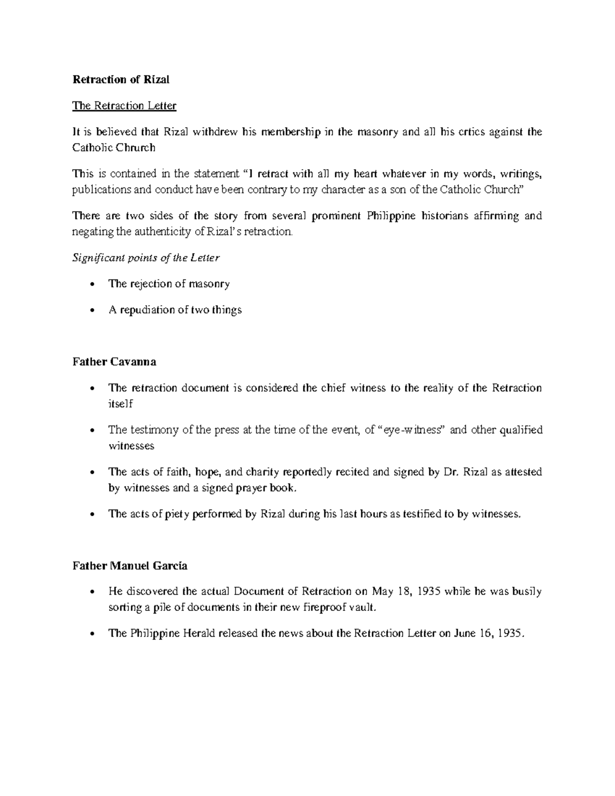 Retraction of Rizal 1 - sum up reviewer - Retraction of Rizal The ...