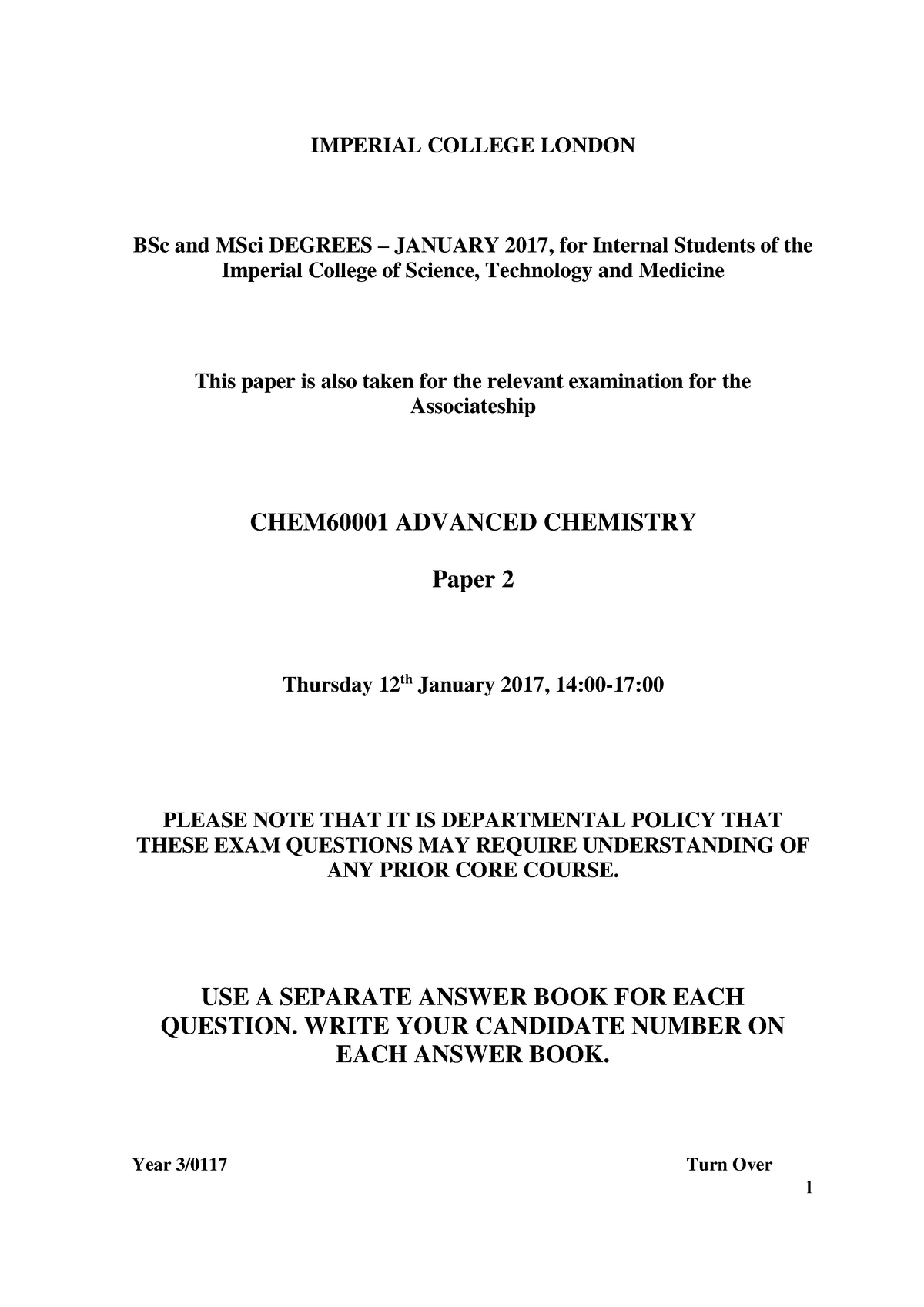 CHEM60001 Paper 2 Jan 2017 - IMPERIAL COLLEGE LONDON BSc And MSci ...