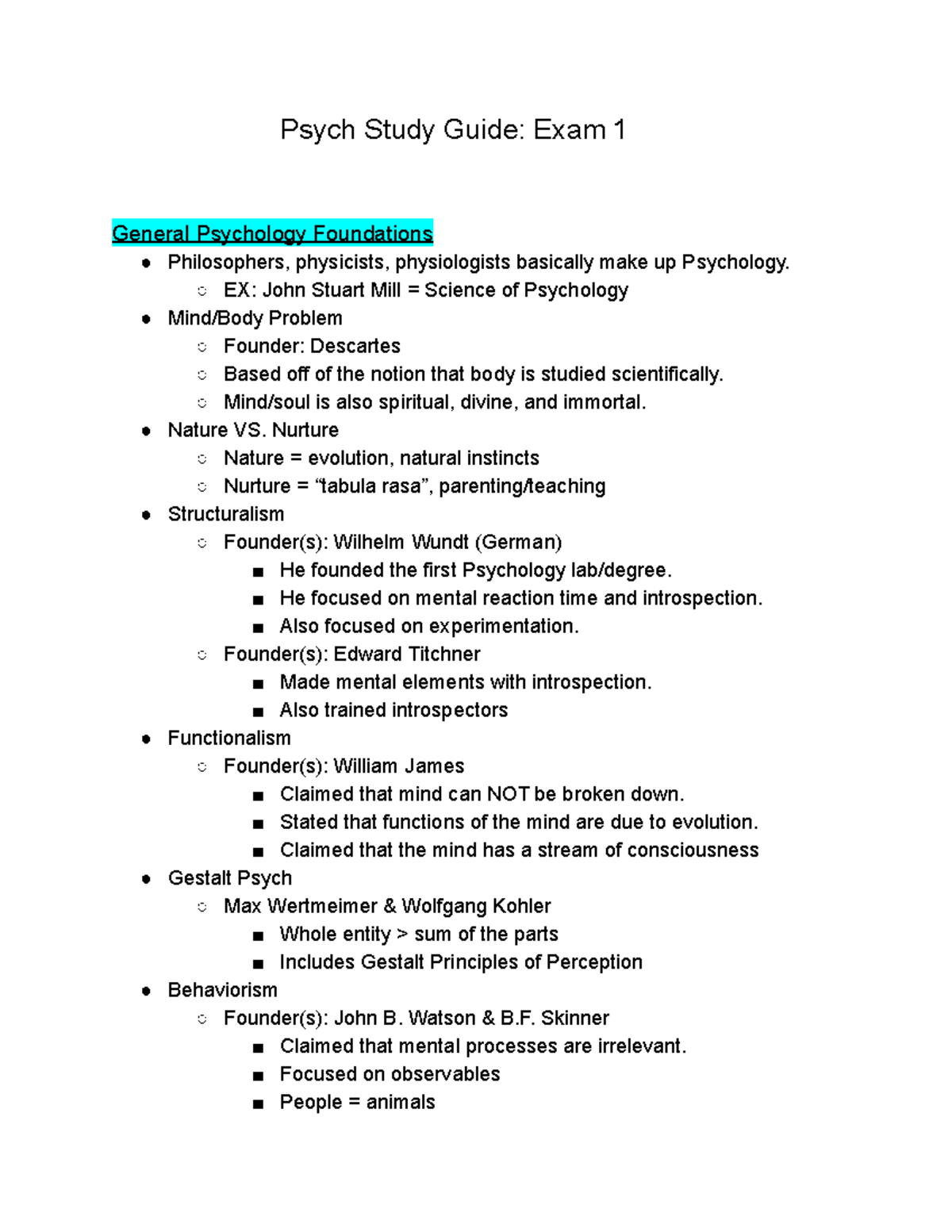 Psych Study Guide - EX: John Stuart Mill = Science of Psychology Mind ...