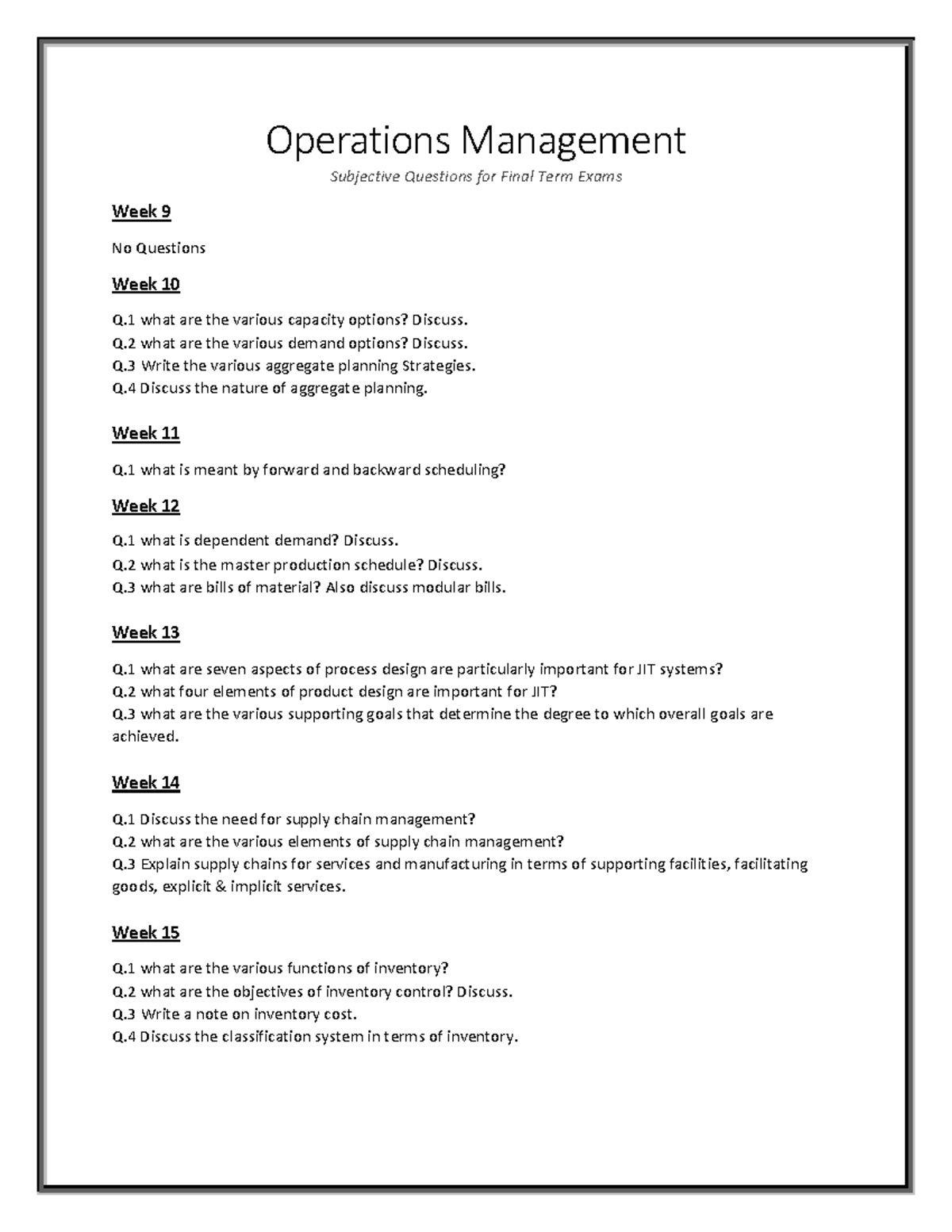 Operations Management - Operations Management Subjective Questions for ...