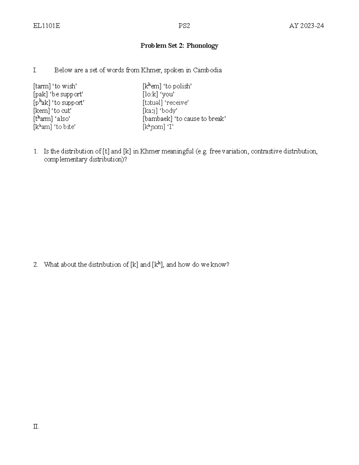 EL1101E Problem Set 2 Phonology - EL1101E PS2 AY 2023- Problem Set 2 ...