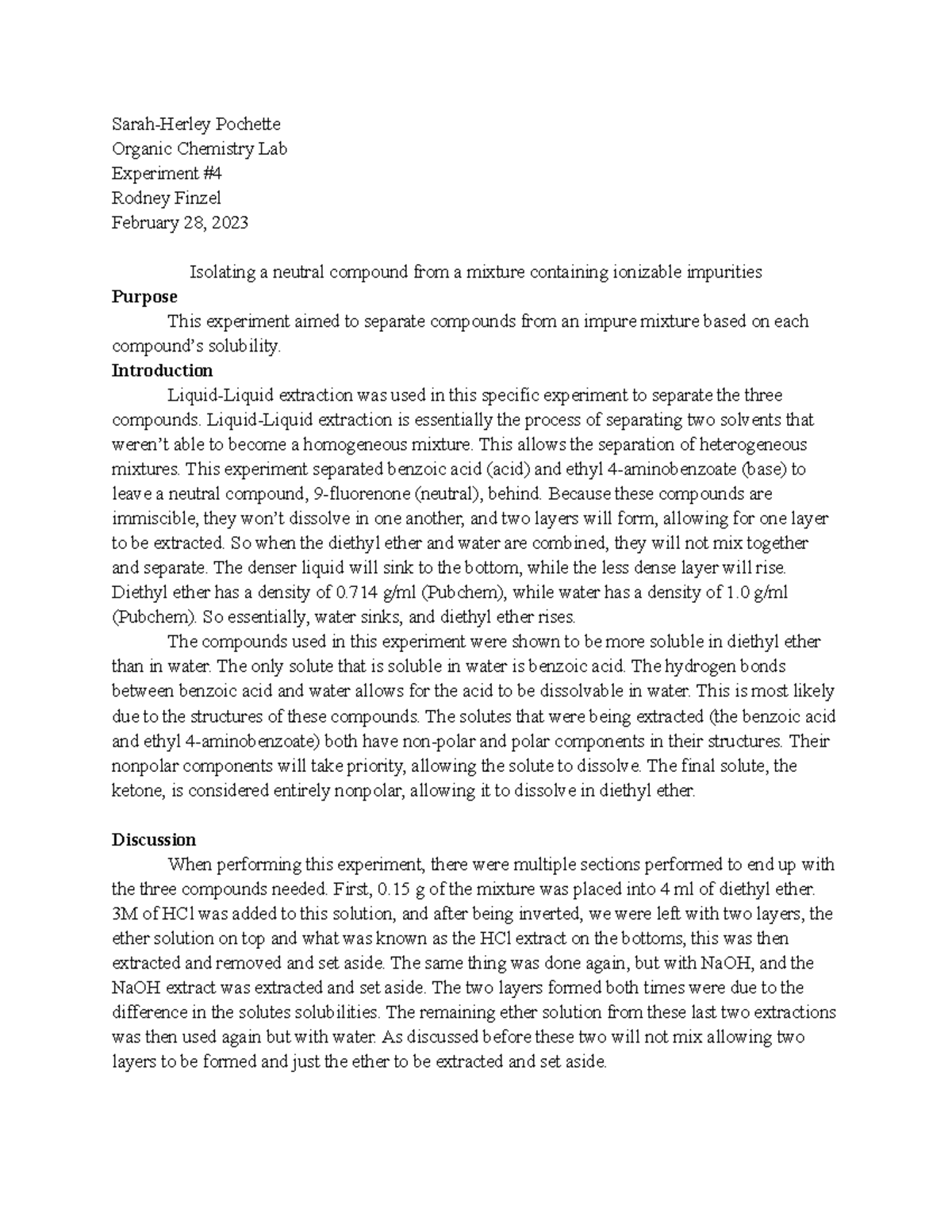 Chem 137 Exp4 LiquidLiquid Extraction Lab SarahHerley Pochette