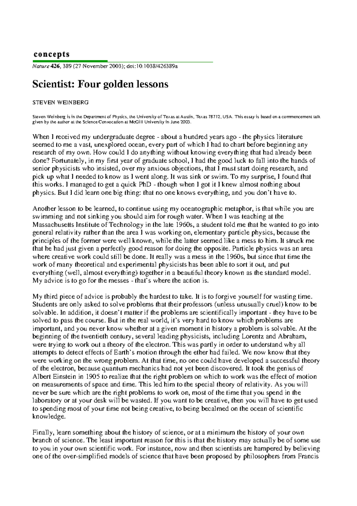 Weinberg four Golden Lessons - Nature 426 , 389 (27 November 2003); doi ...