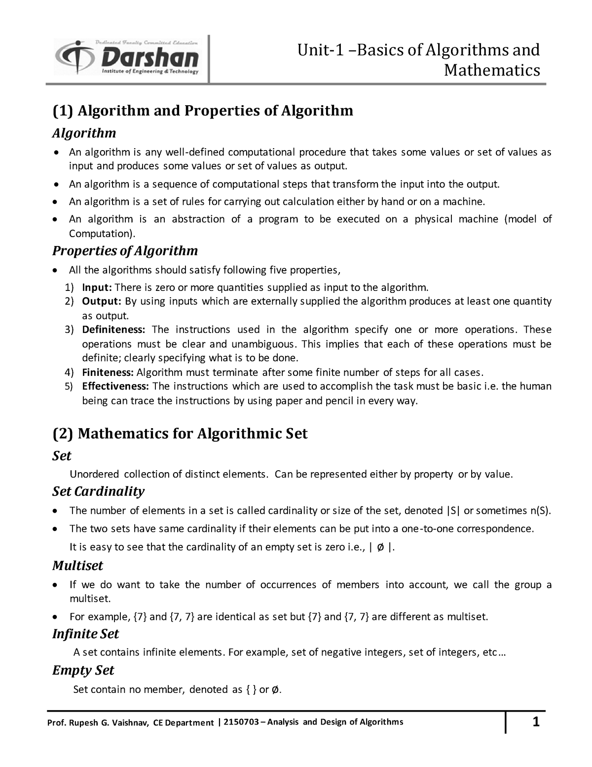 ADA All Units - Unit-1 –Basics of Algorithms and Mathematics 1 (1 