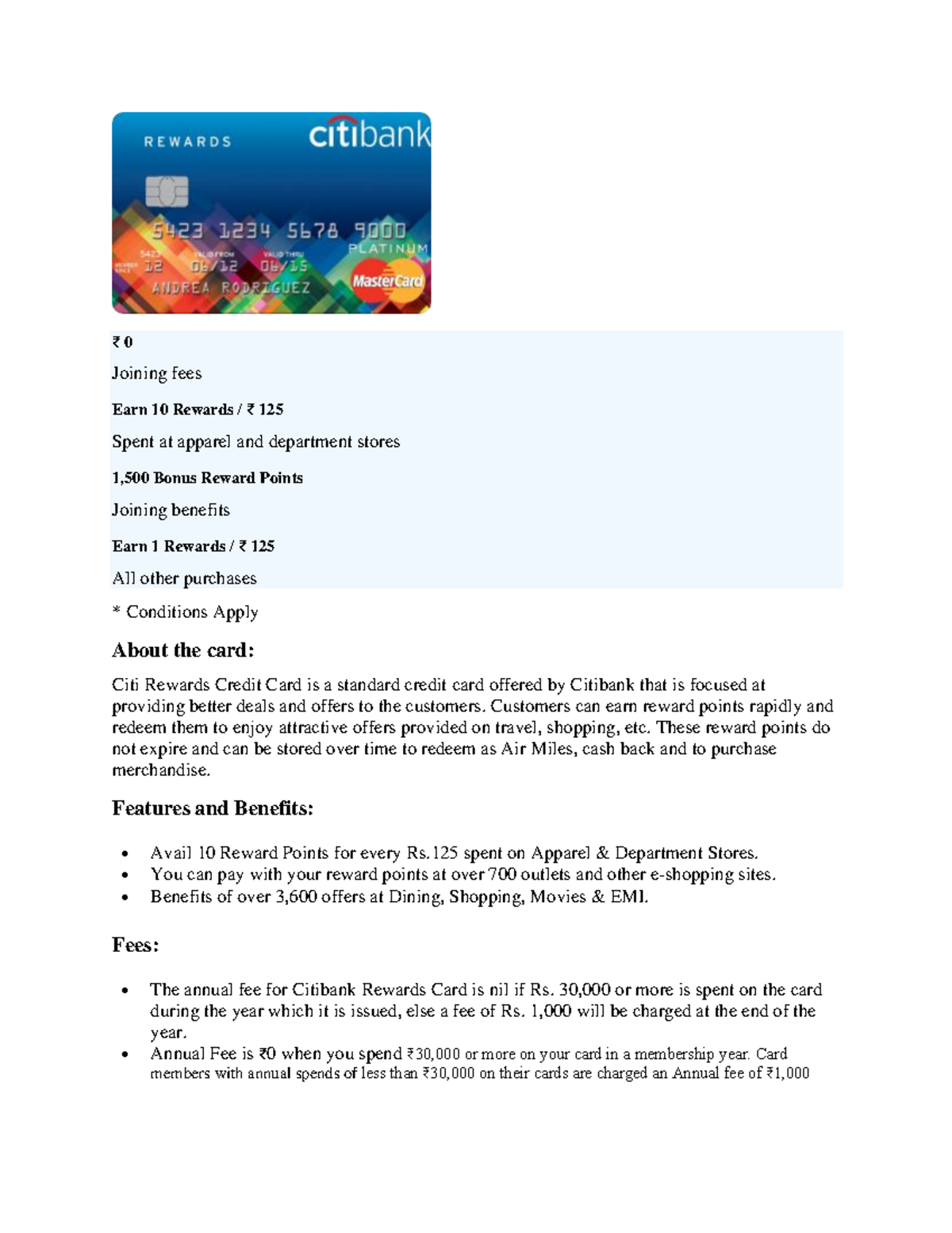 Citi Card Benifit - Benefits - ₹ 0 Joining Fees Earn 10 Rewards / ₹ 125 ...