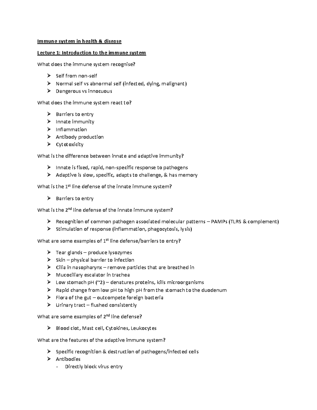 Immune system lecture notes - Immune system in health & disease Lecture ...