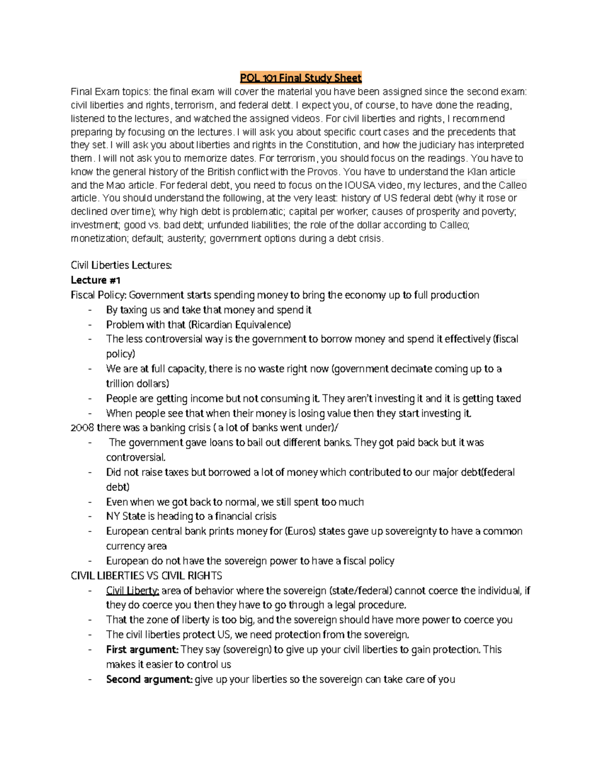 POL 101 Final Study Sheet - POL 101 Final Study Sheet Final Exam Topics ...