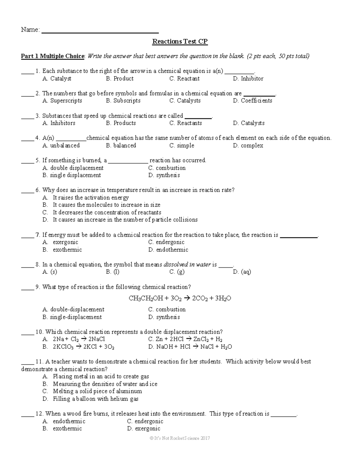 Reactions Test CP - still used in class - Name: Reactions Test CP Part ...