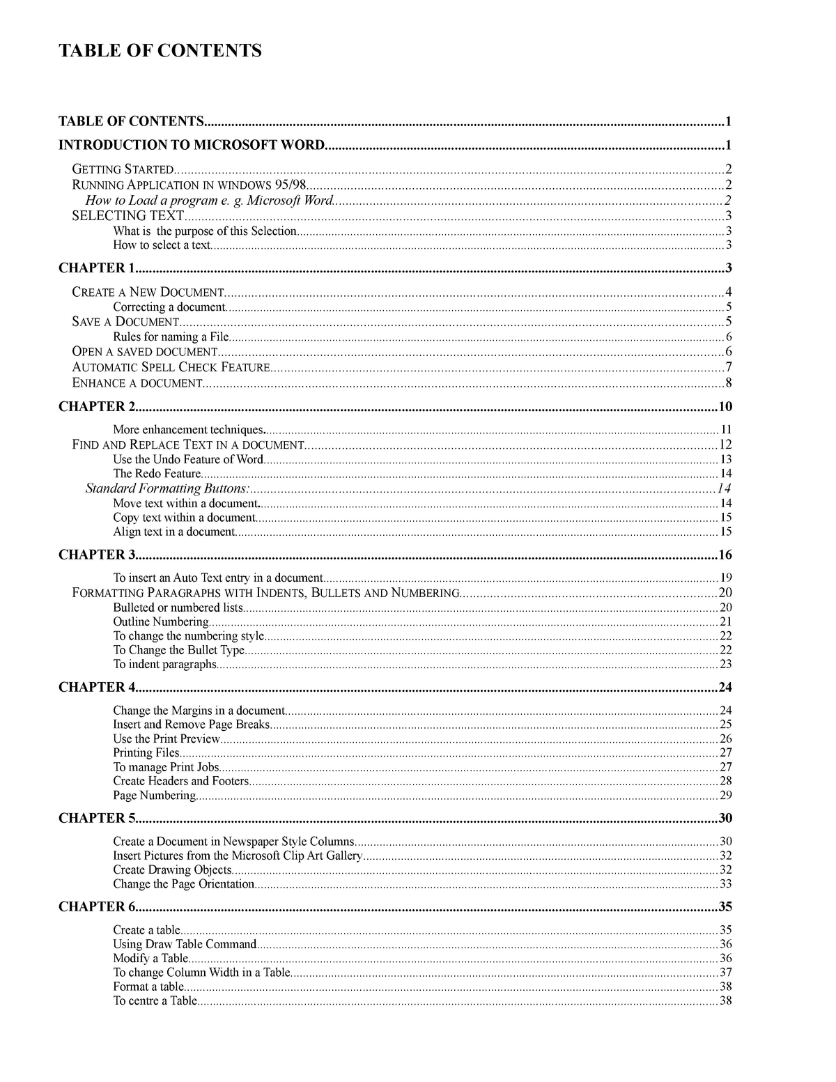 Computer Skills And Application Ms Word TABLE OF CONTENTS TABLE OF 