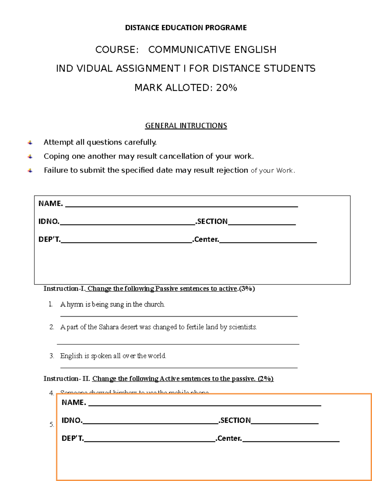 Distance assignment for comunicative Assginment I - DISTANCE EDUCATION ...